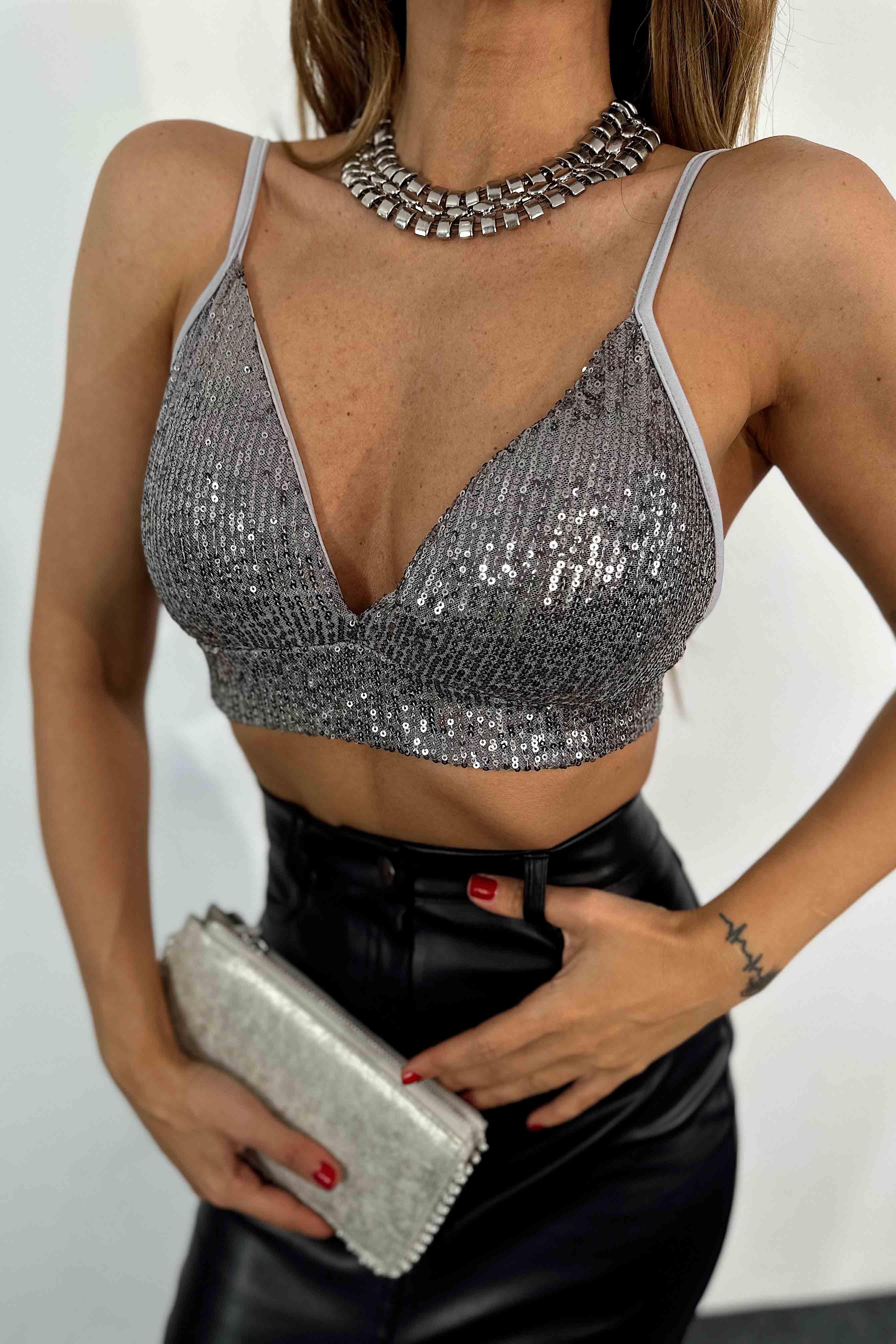 Marka Model Pul Payet Tasarım Kadın Büstiyer Gri