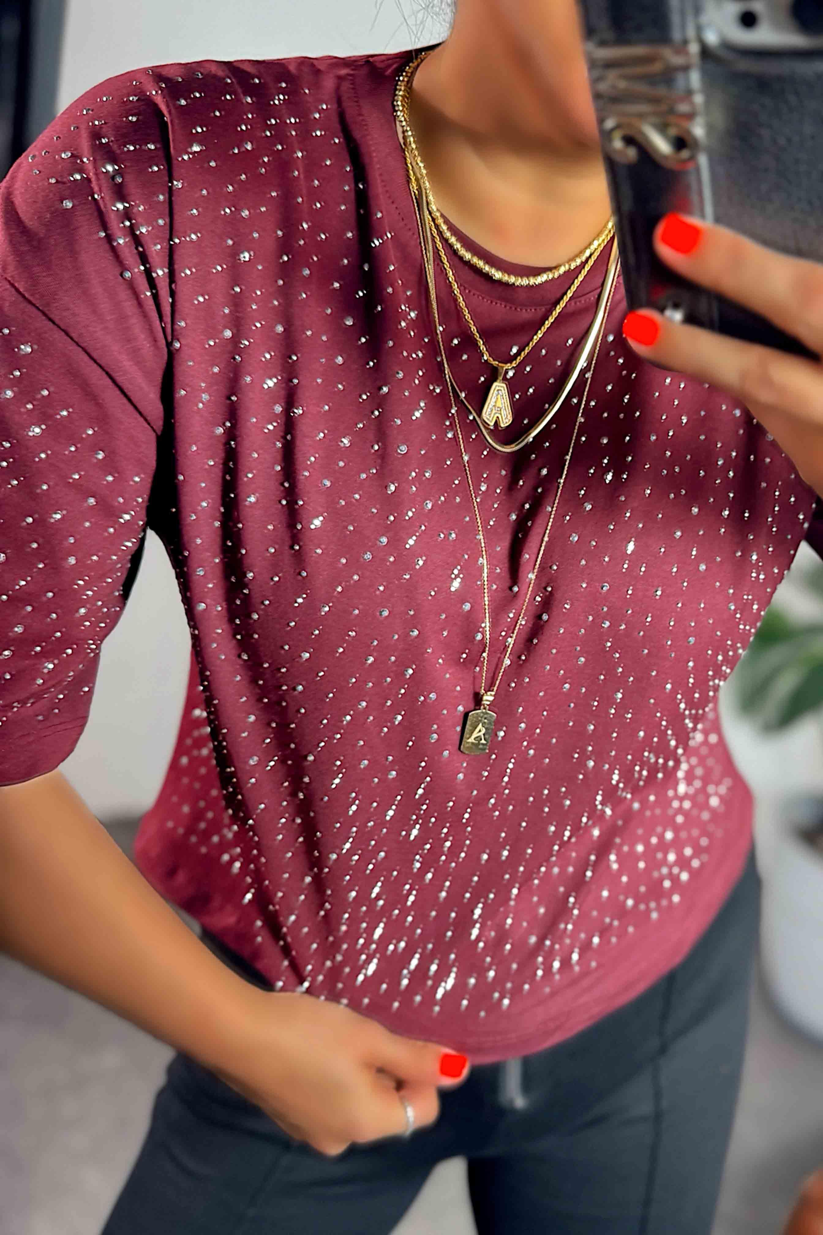 Marka Model Swarovski Taş Detaylı Basic Tişört Bordo