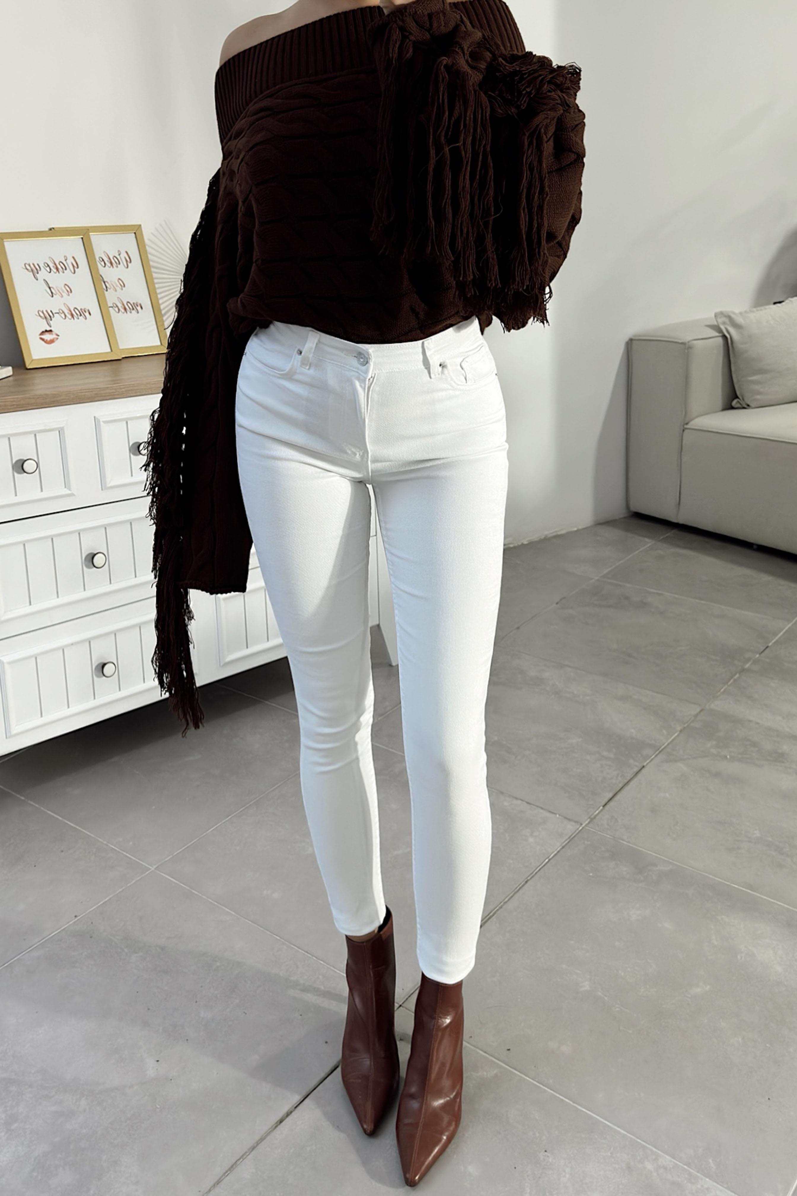Marka Muadil Yüksek Bel Slim Fit Jean Pantolon Beyaz