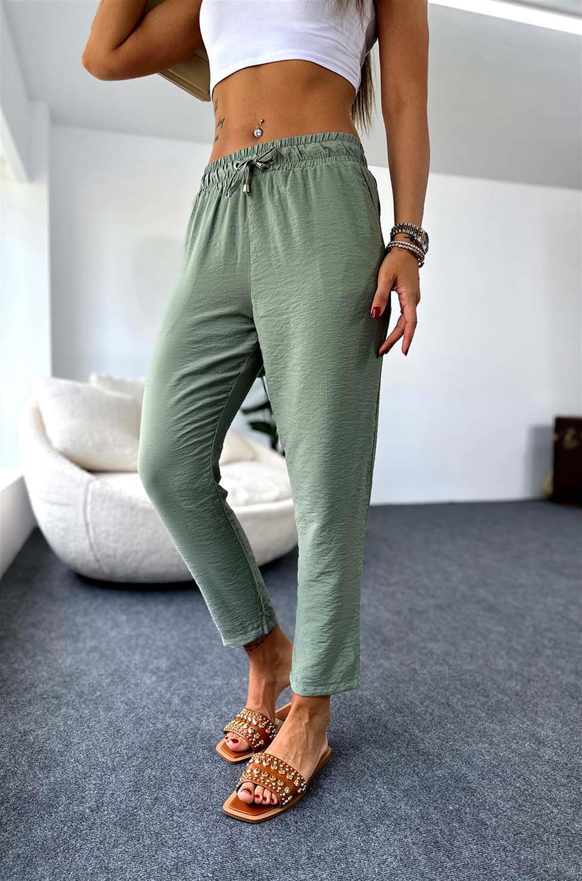 Modal Kumaş Beli Lastikli Salaş Pantolon Haki · 3
