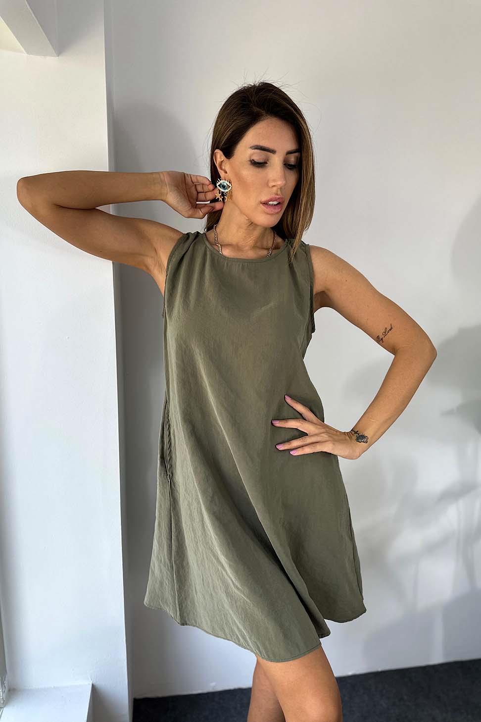 Modal Kumaş Cep Detay Yazlık Midi Elbise Haki