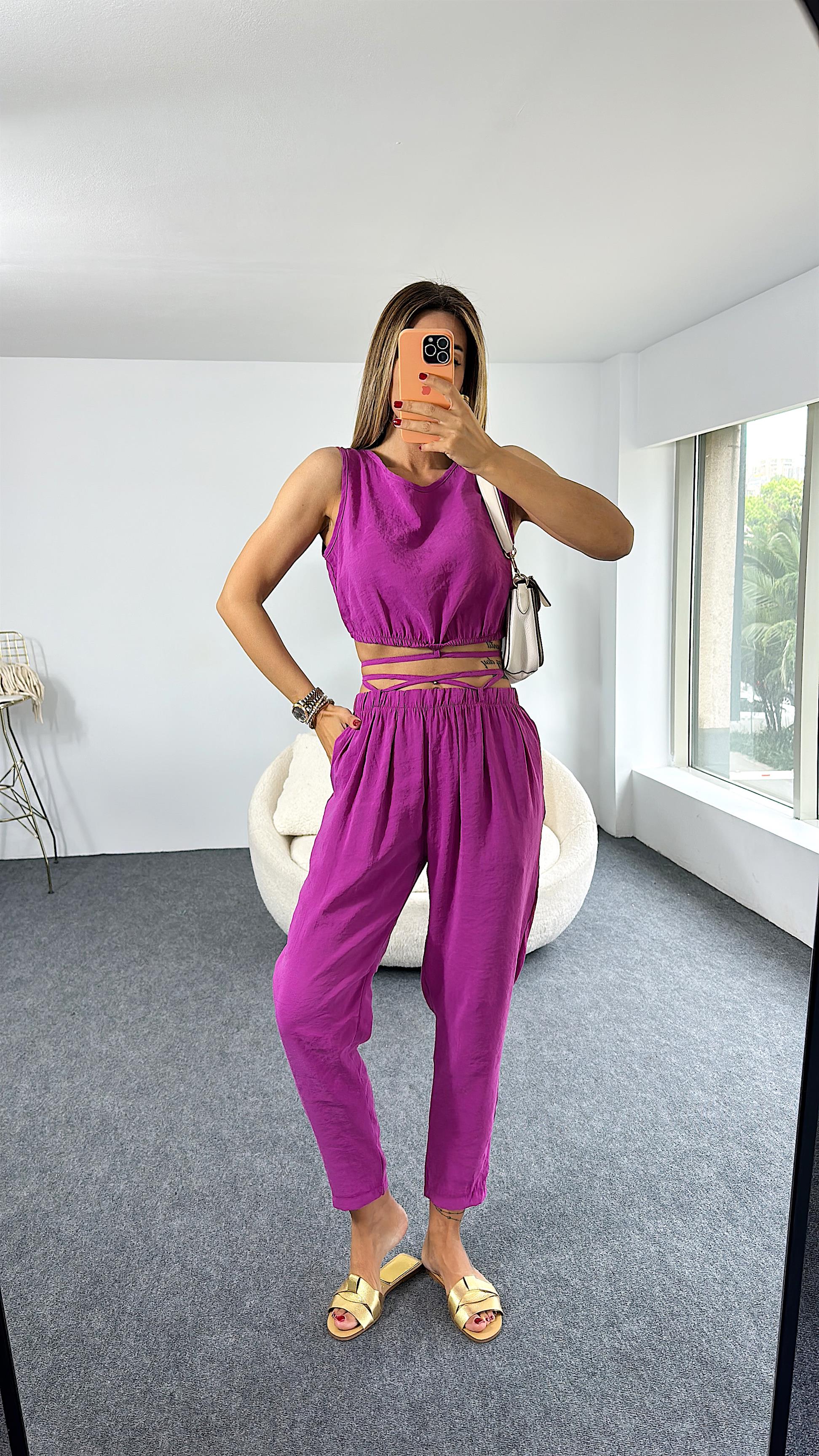 Modal Kumaş Crop Pantolon İkili Kadın Takım Mor · 7