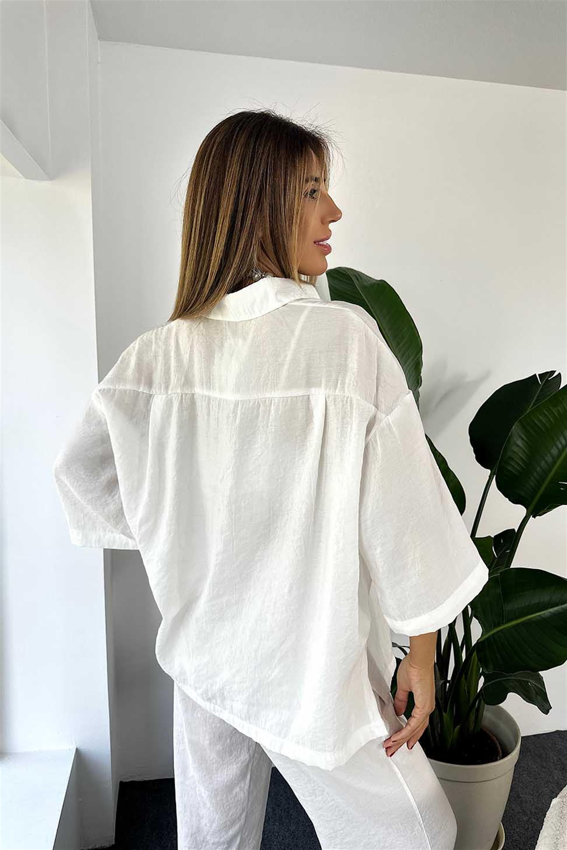 Modal Kumaş Gömlek Beli Lastikli Pantolon Kadın Takım Beyaz · 3