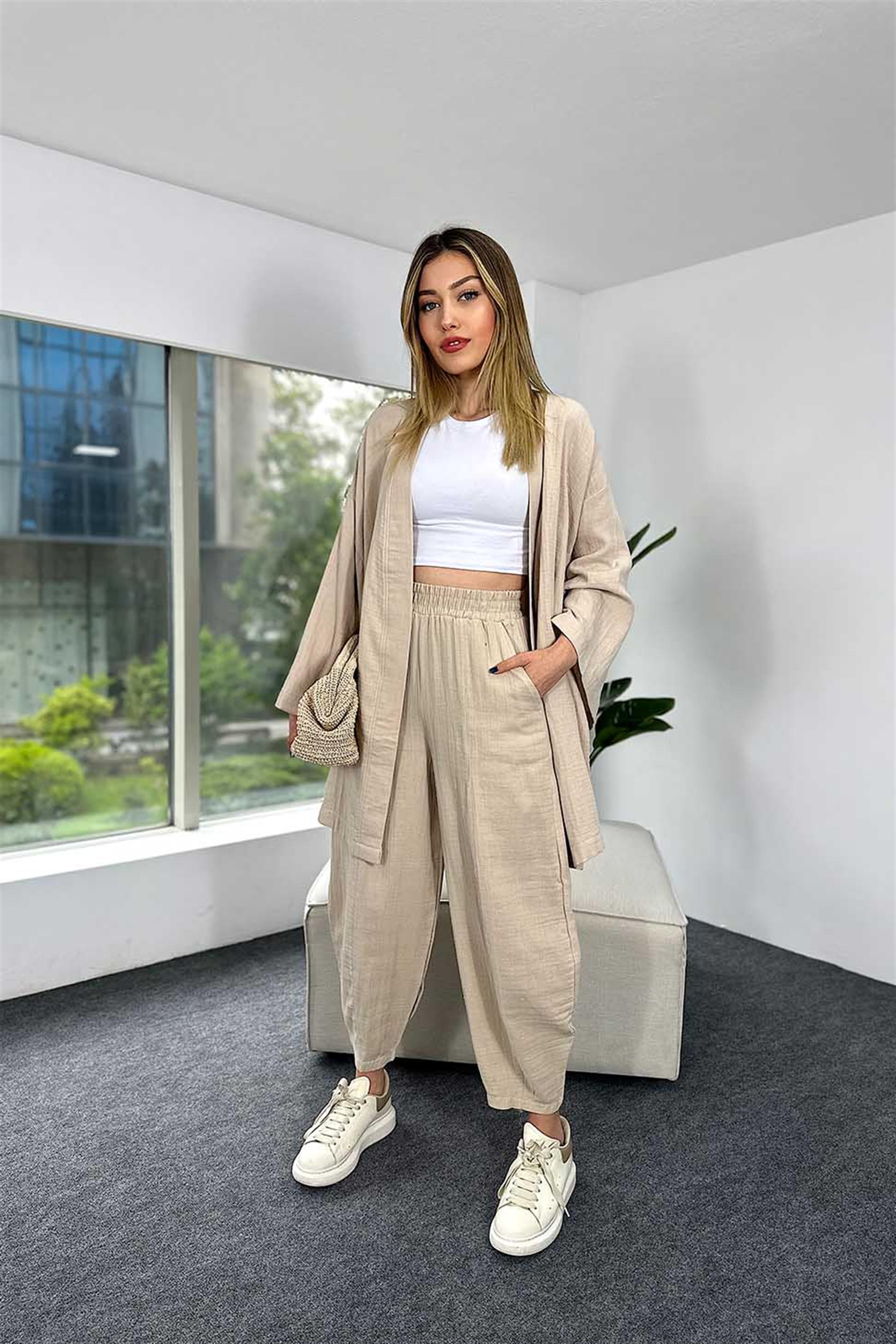 Müslin Kumaş Şalvar Pantolon Kimono Takım Taş
