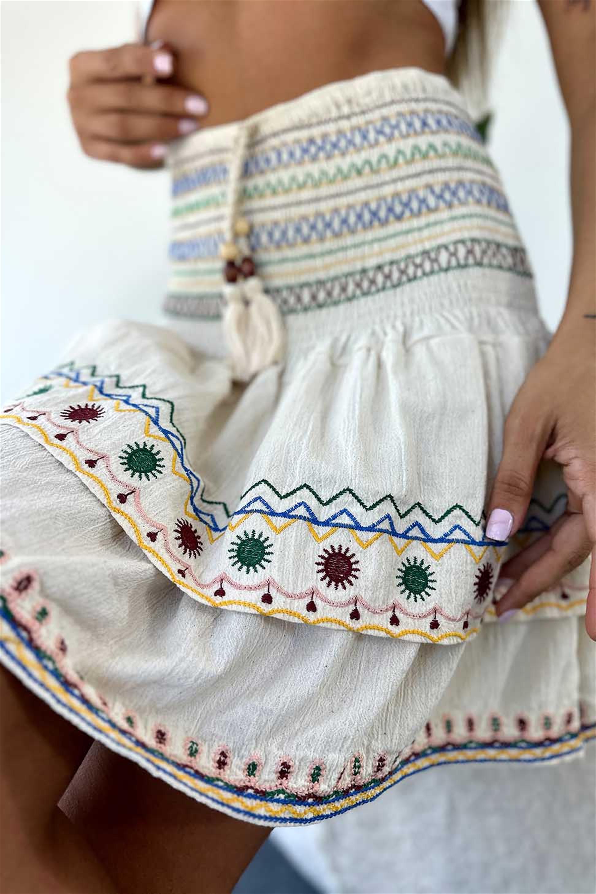 Natural Pamuklu Müslin Kumaş Etnik Nakışlı Gipeli Mini Etek Ekru · 7