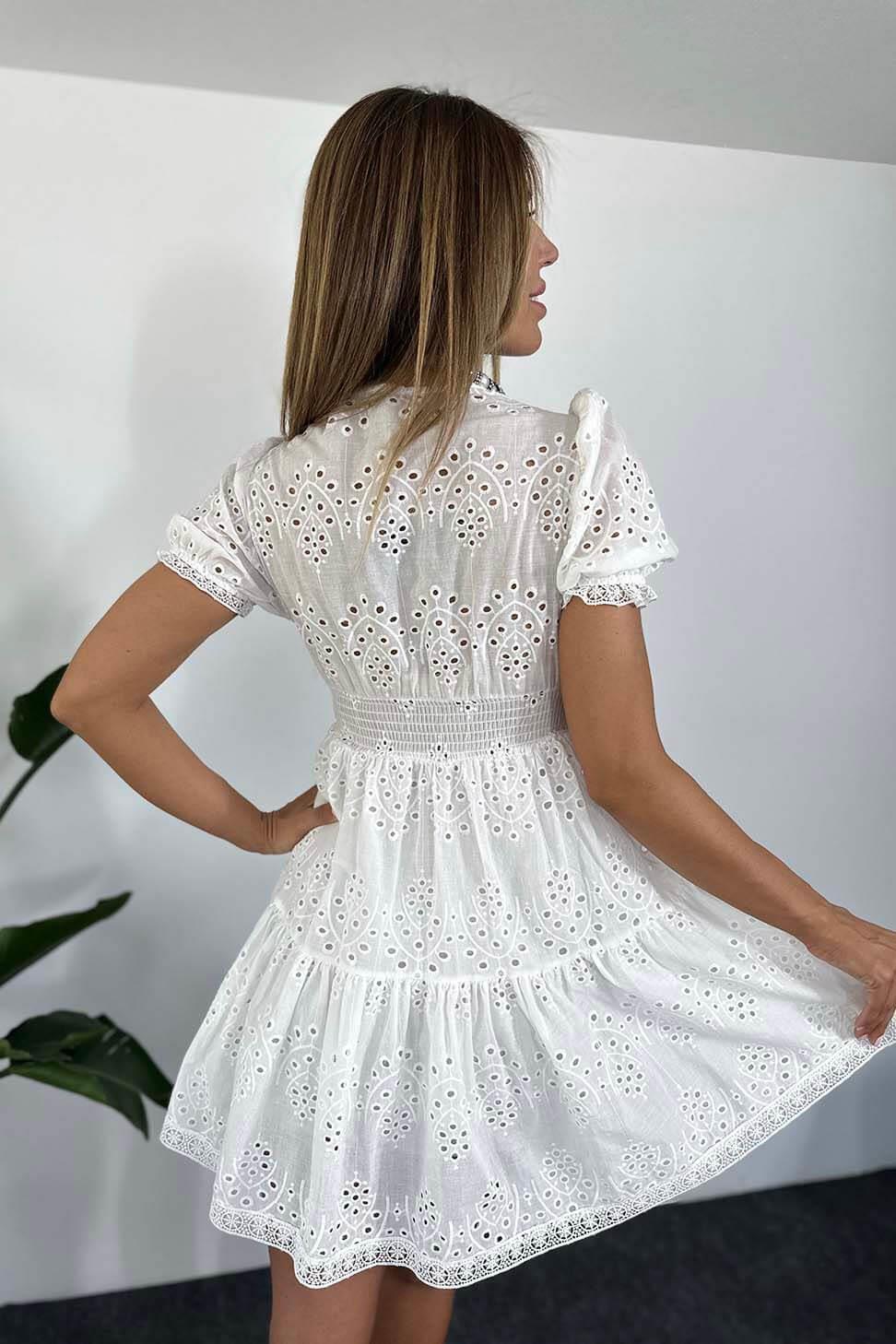 Natural Pamuklu Poplin Kumaş Fisto Detay Astarlı Mini Elbise Beyaz · 3