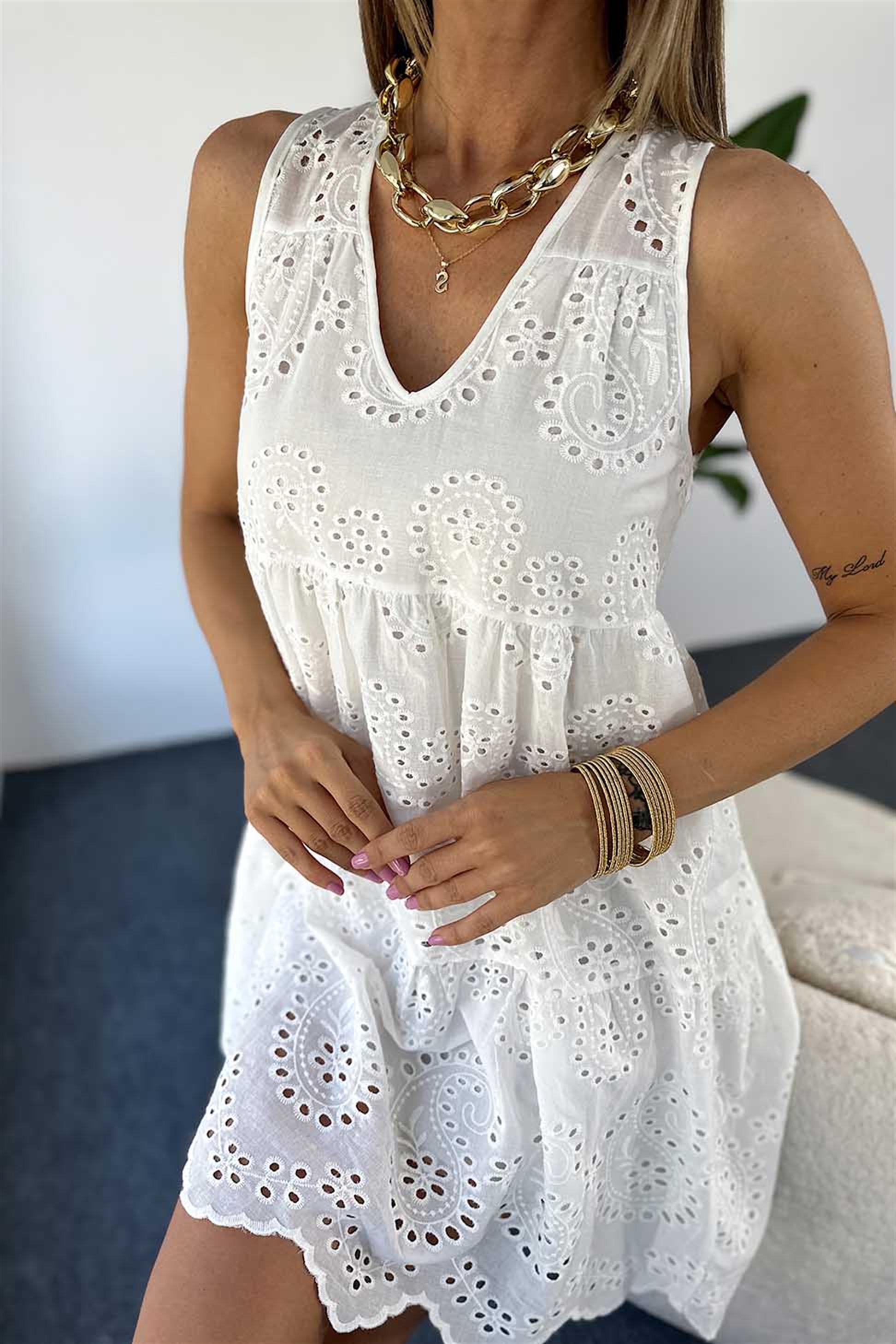 Natural Pamuklu Poplin Kumaş Fisto Detay Astarlı Mini Elbise Beyaz · 7