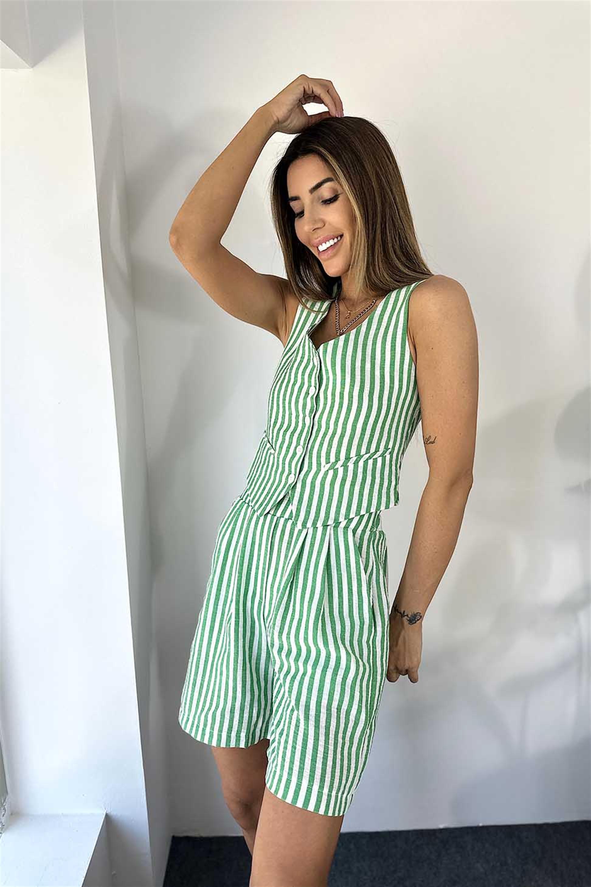 Naturel Pamuklu Kumaş Yelek Şort Çizgili Kadın Takım Yeşil