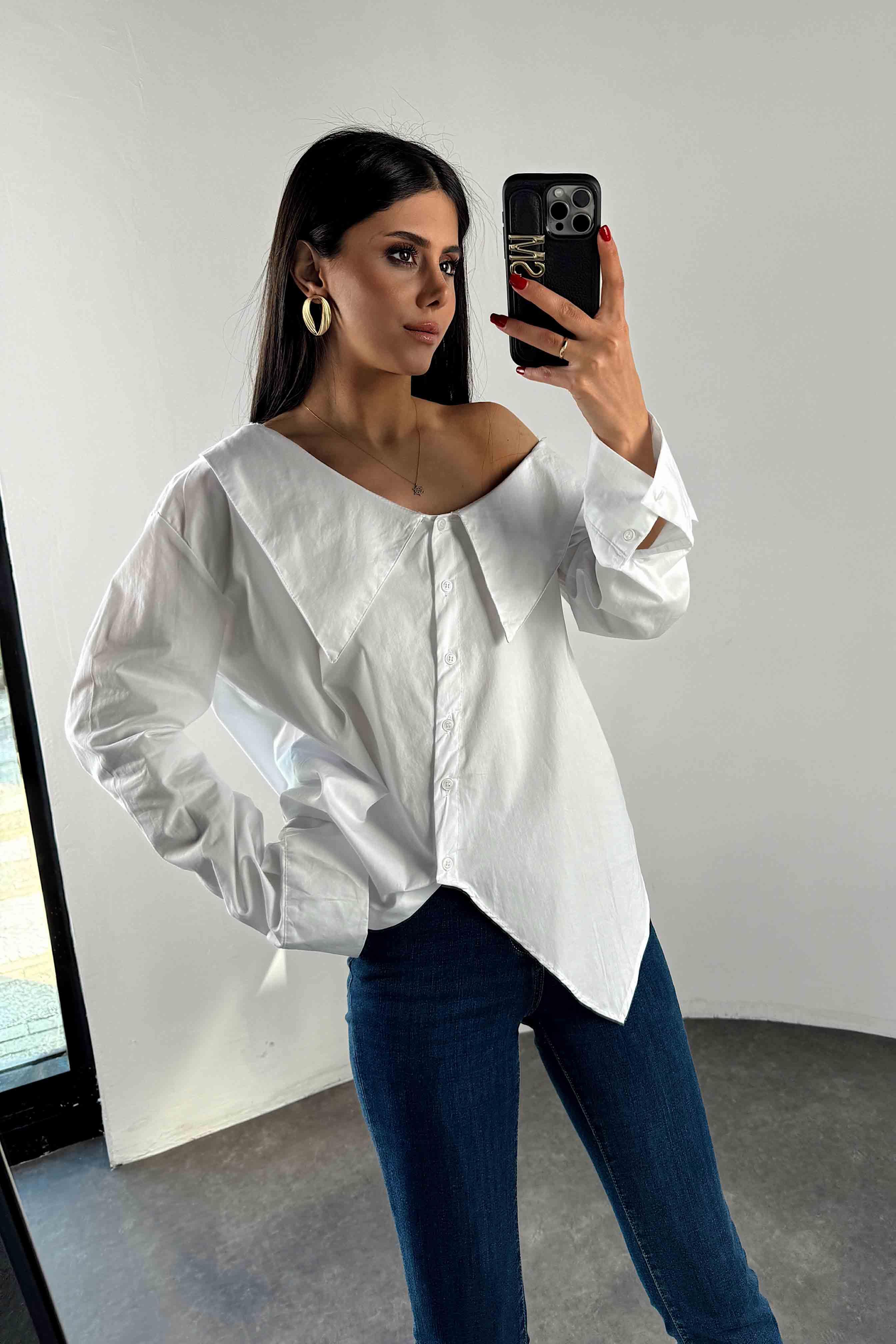 Omuz Dekolteli Kadın Gömlek Beyaz