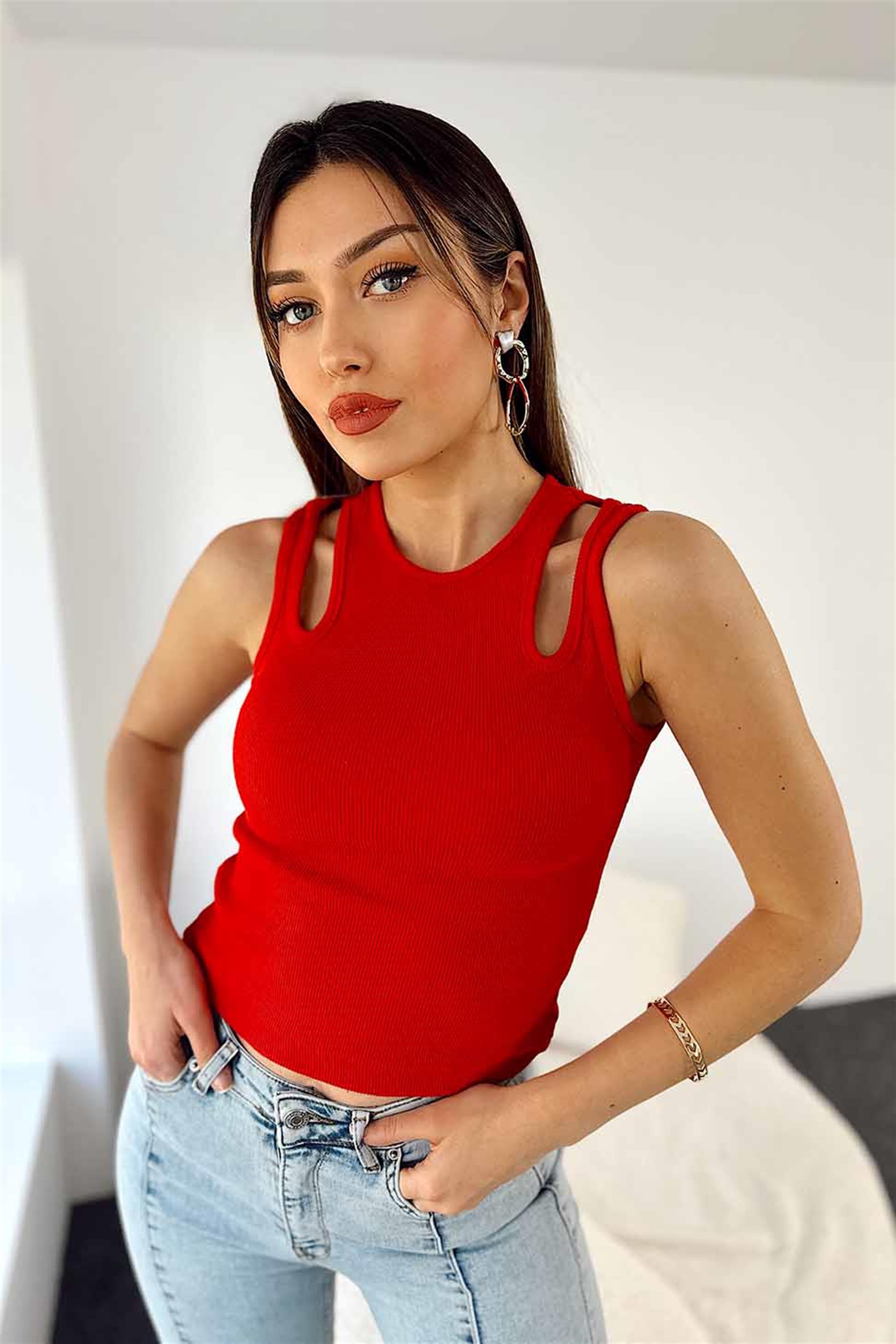 Omuz Dekolteli Kolsuz Bluz Kırmızı