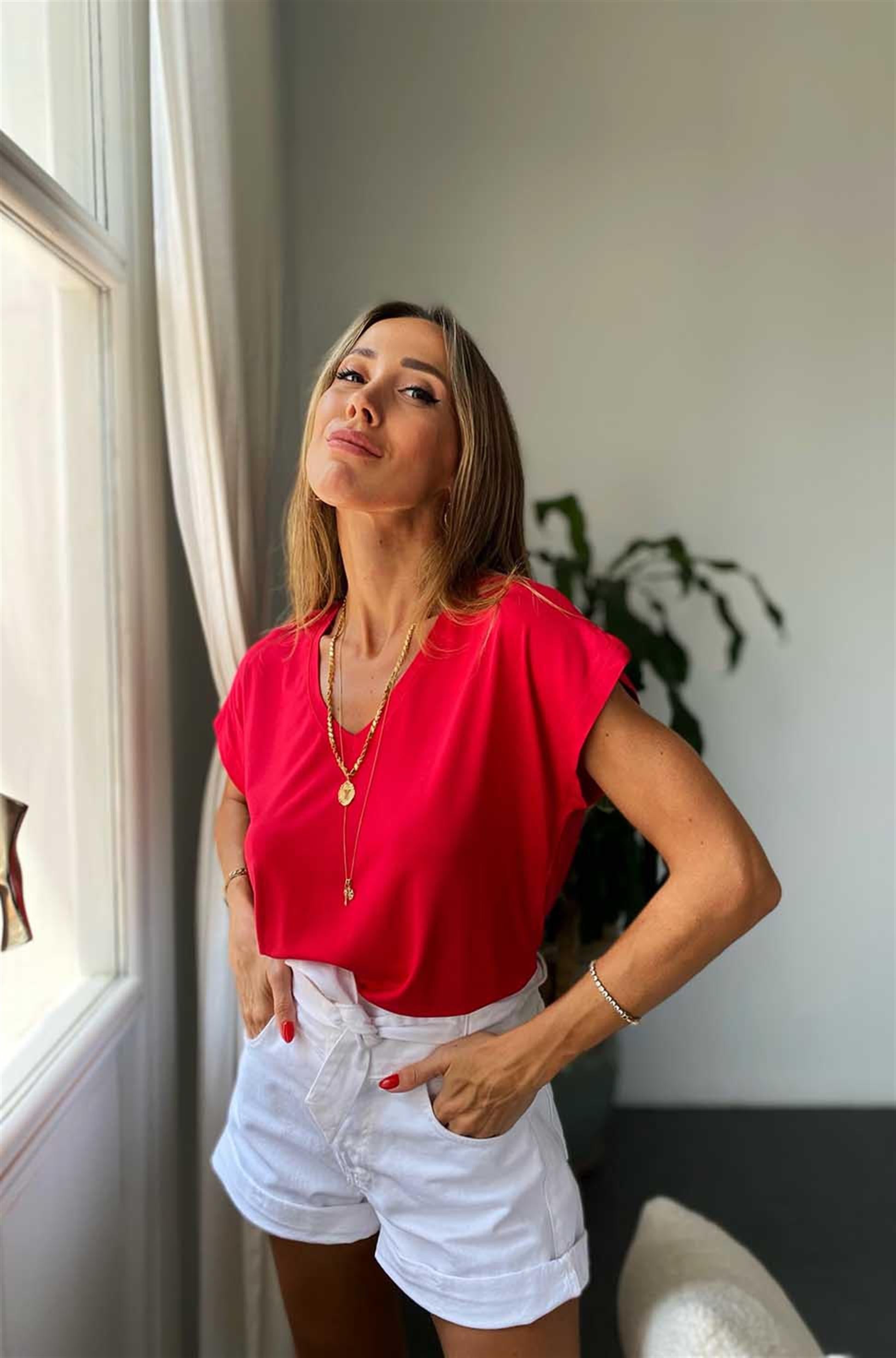 Ön Arka V Yaka Basic Tişört Kırmızı