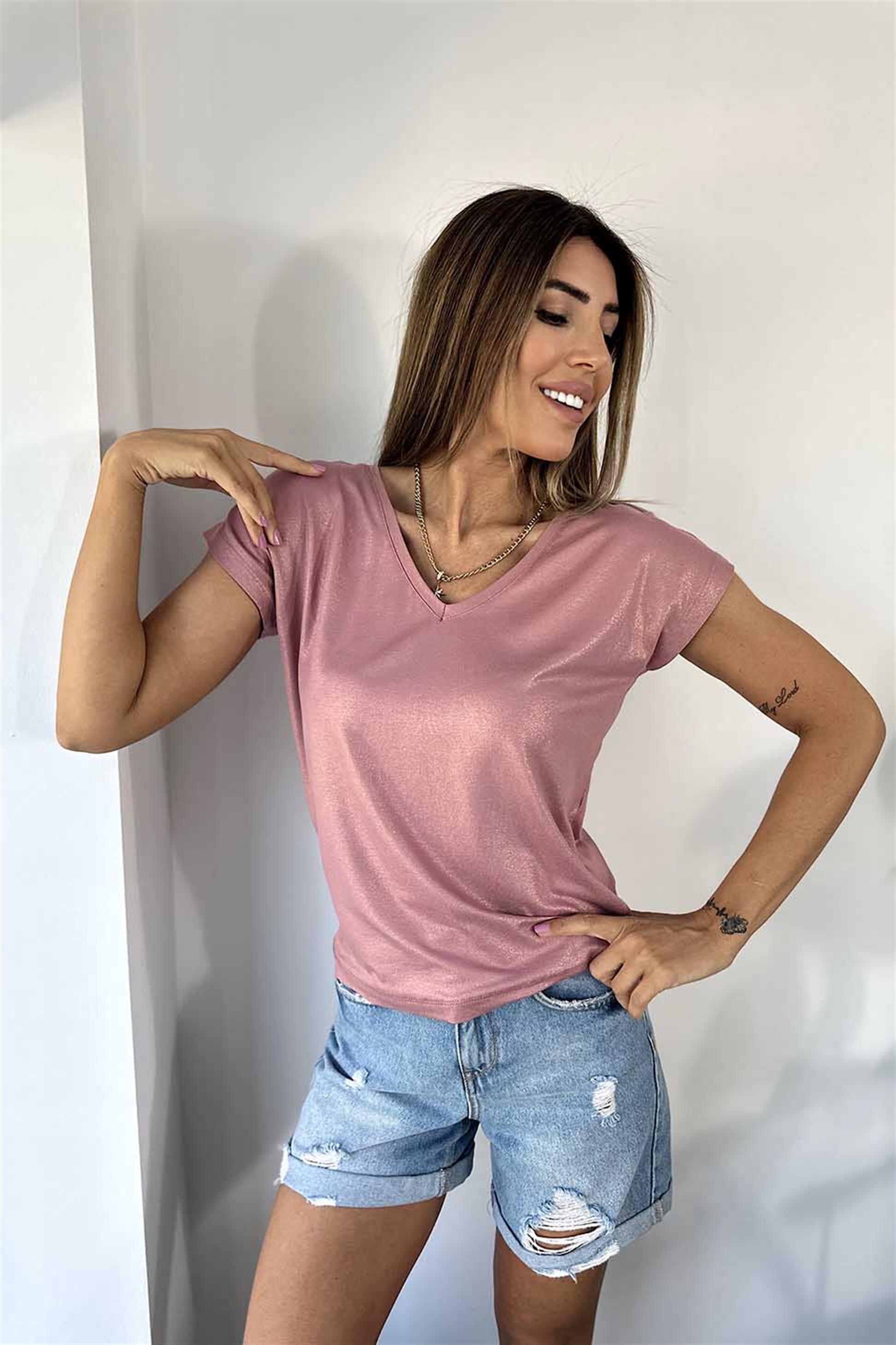 Ön Arka V Yaka Sim Dokuma Viskon Kumaş Tişört Somon