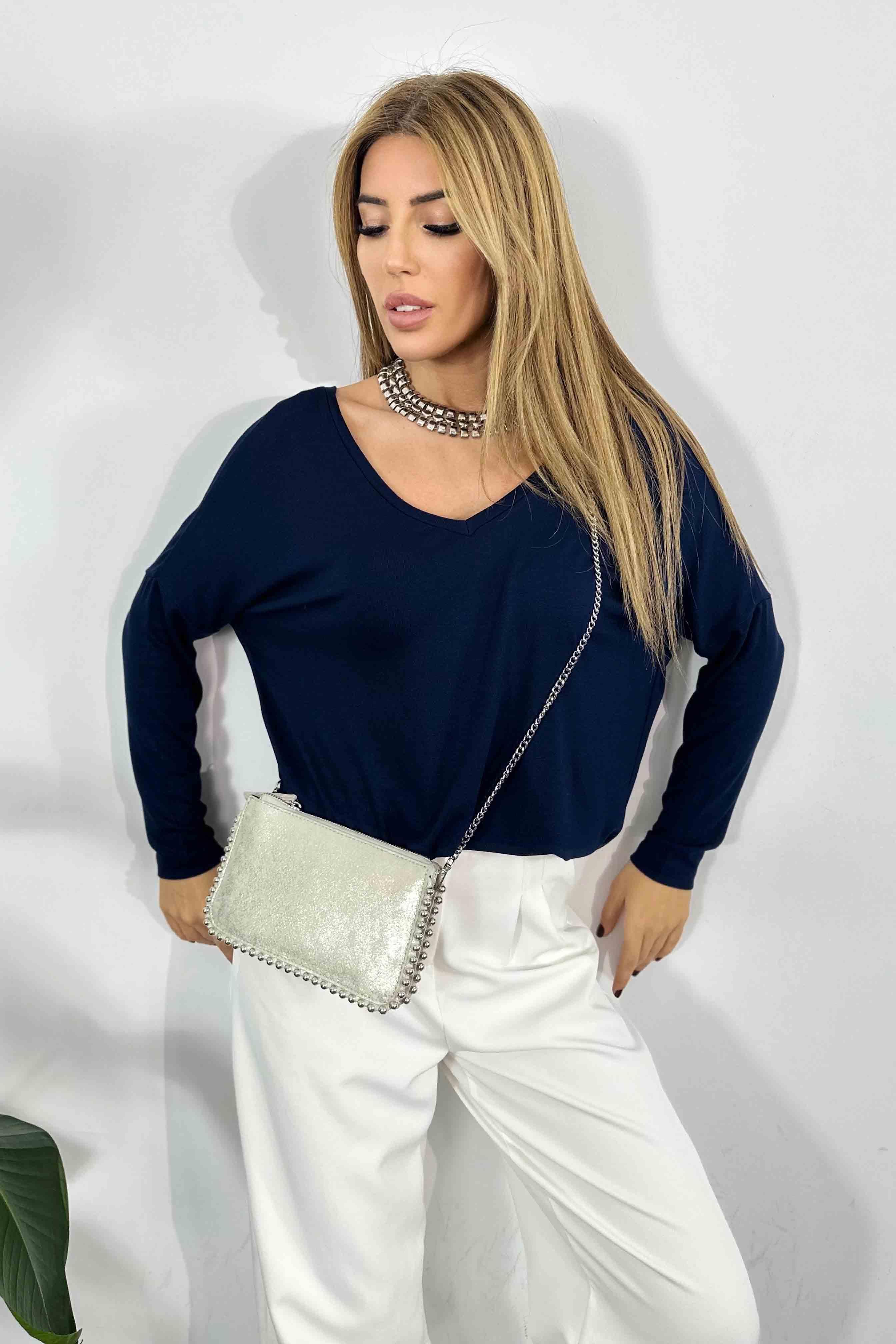 Ön Arka V Yaka Uzun Kollu Bluz Lacivert