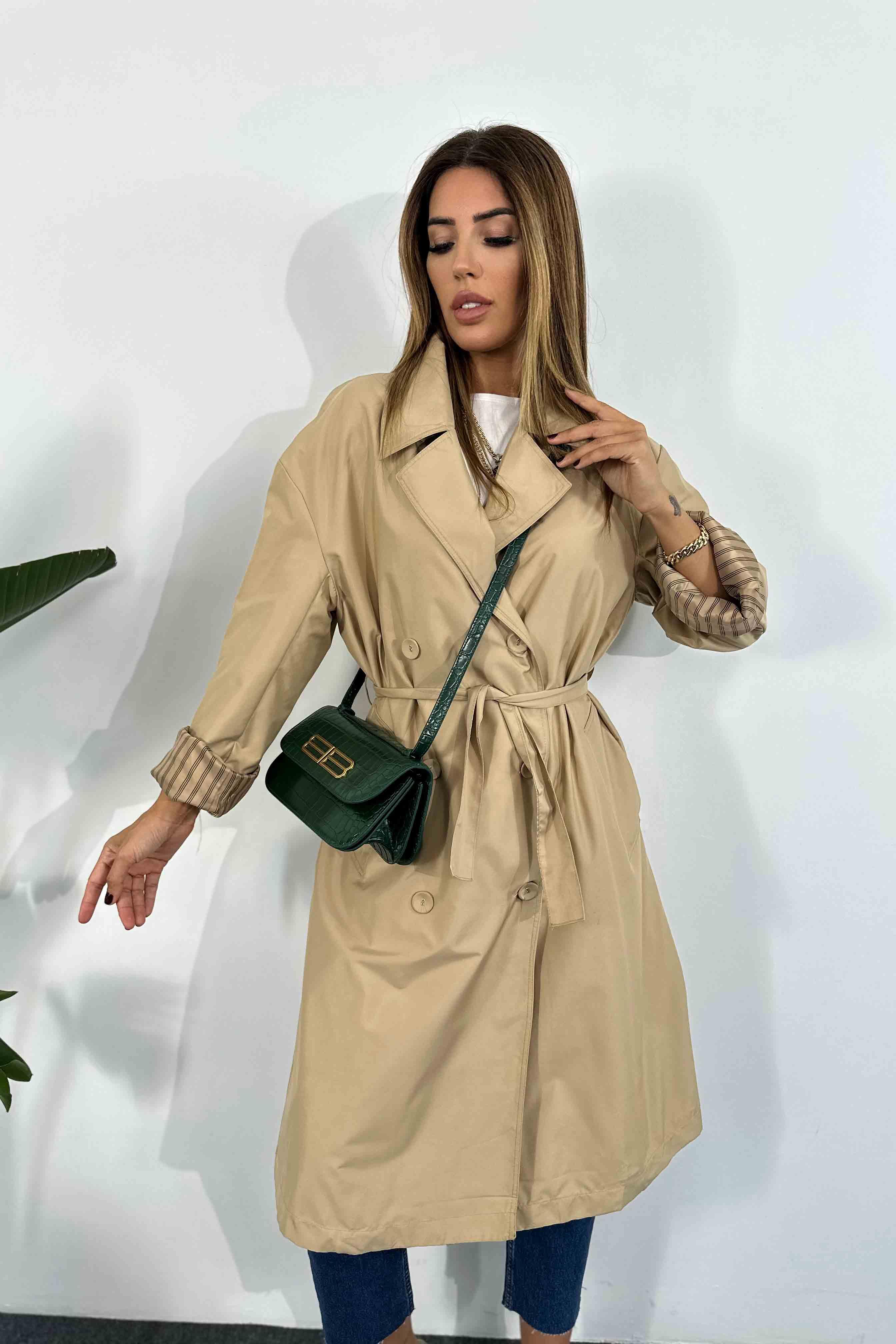 Önden Düğme Tasarım Oversize Kadın Trençkot Bej · 6