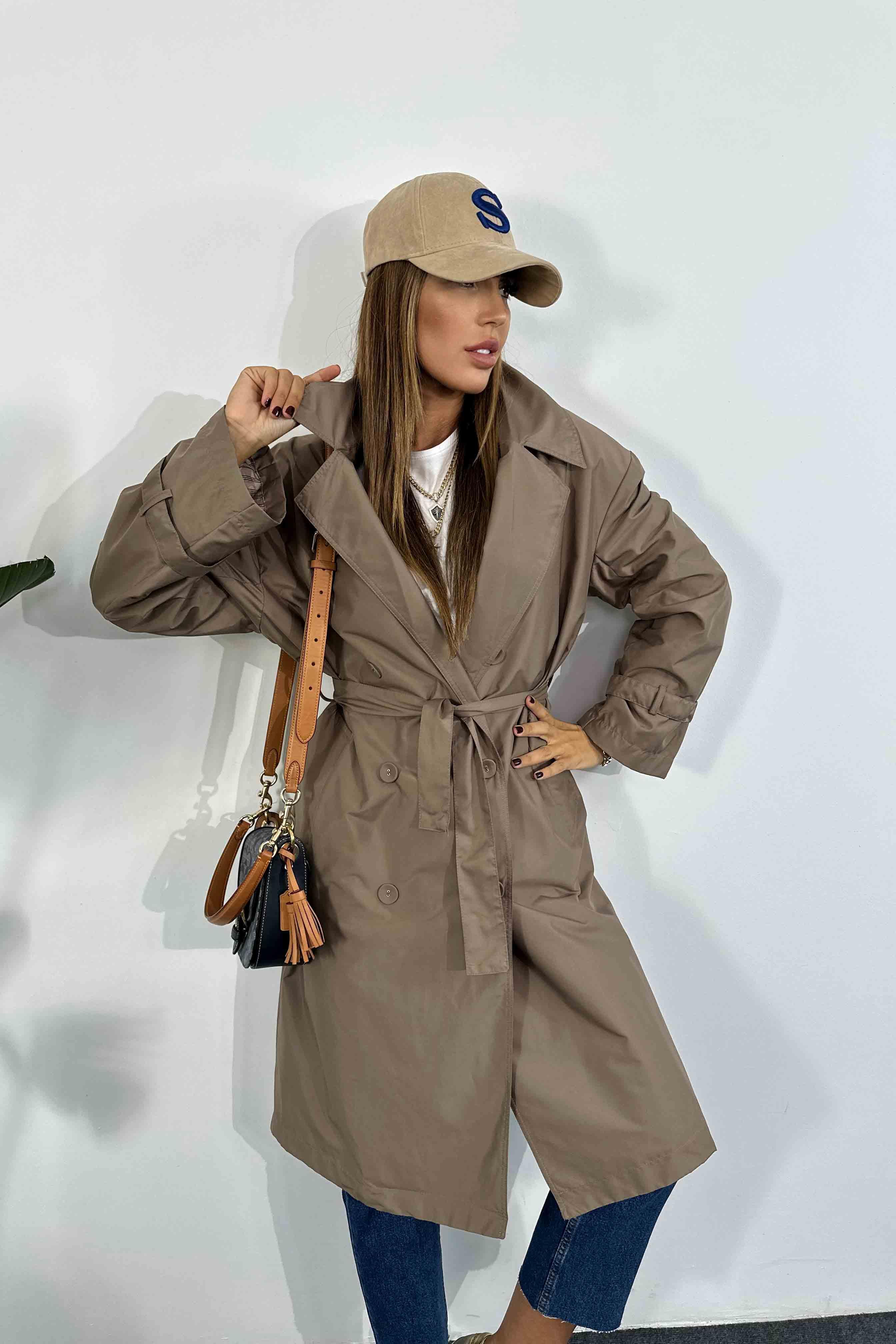 Önden Düğme Tasarım Oversize Kadın Trençkot Vizon · 7