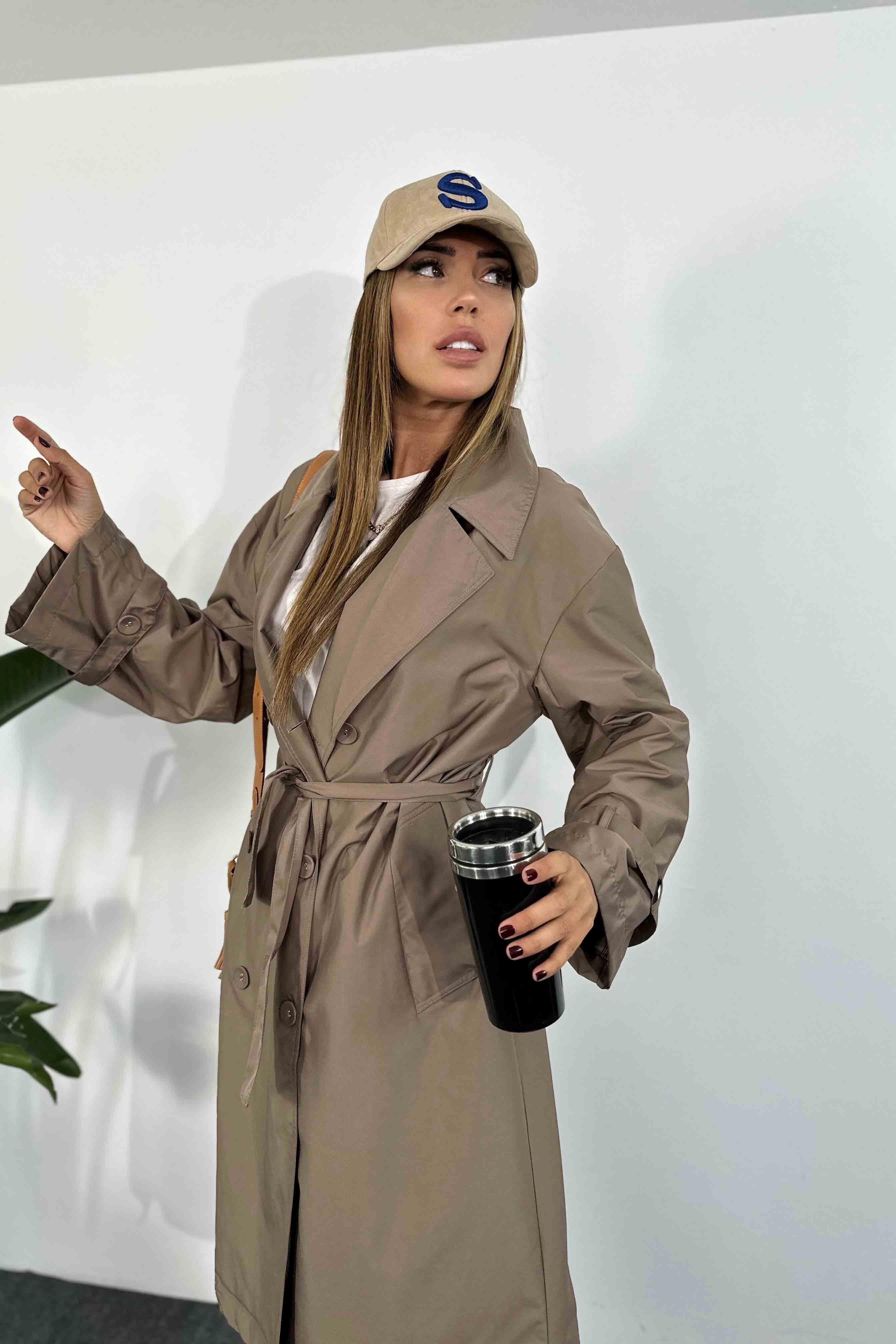 Önden Düğme Tasarım Oversize Kadın Trençkot Vizon · 6