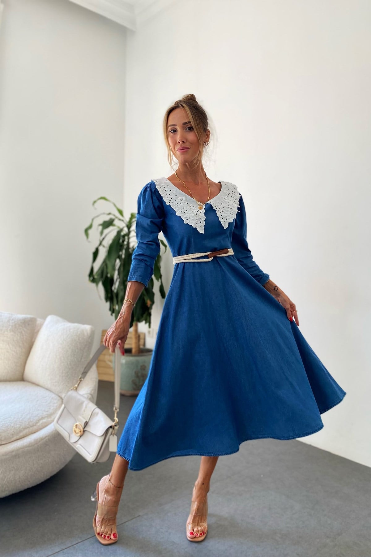 Önlük Yaka Vintage Elbise Mavi