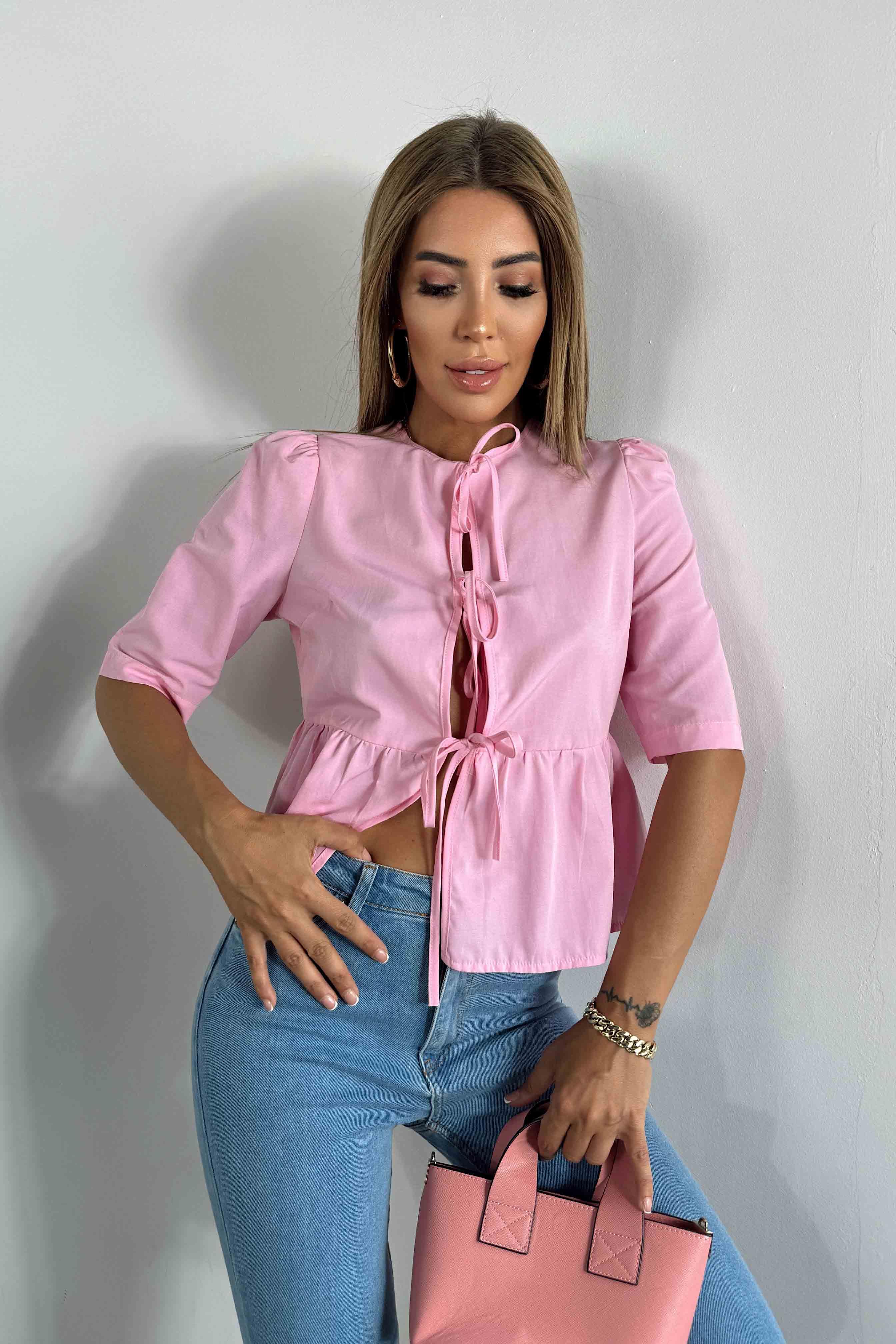 Önü İp Bağlamalı Crop Gömlek Pembe