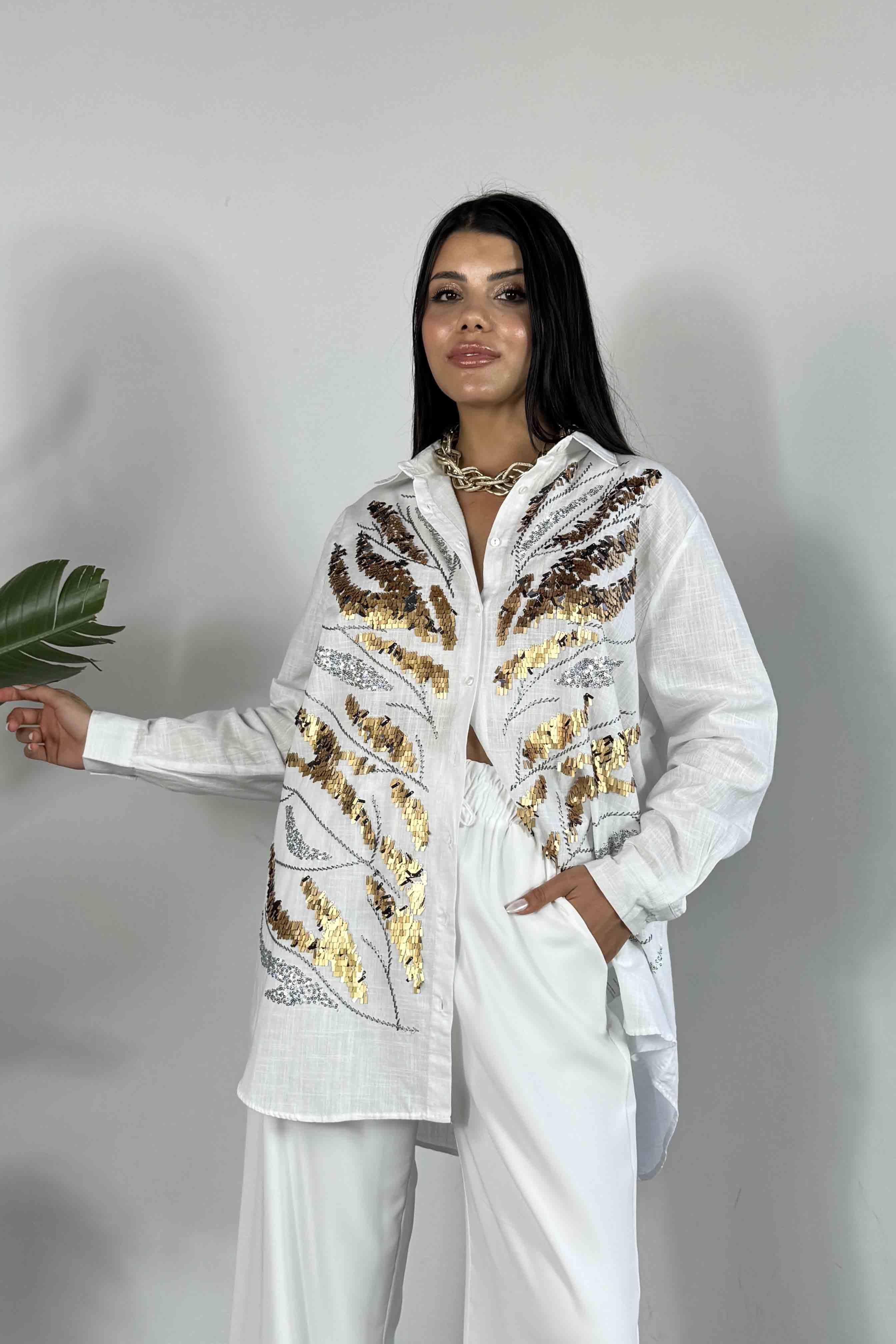 Organik Ham Keten Pul Payetli Gömlek Beyaz