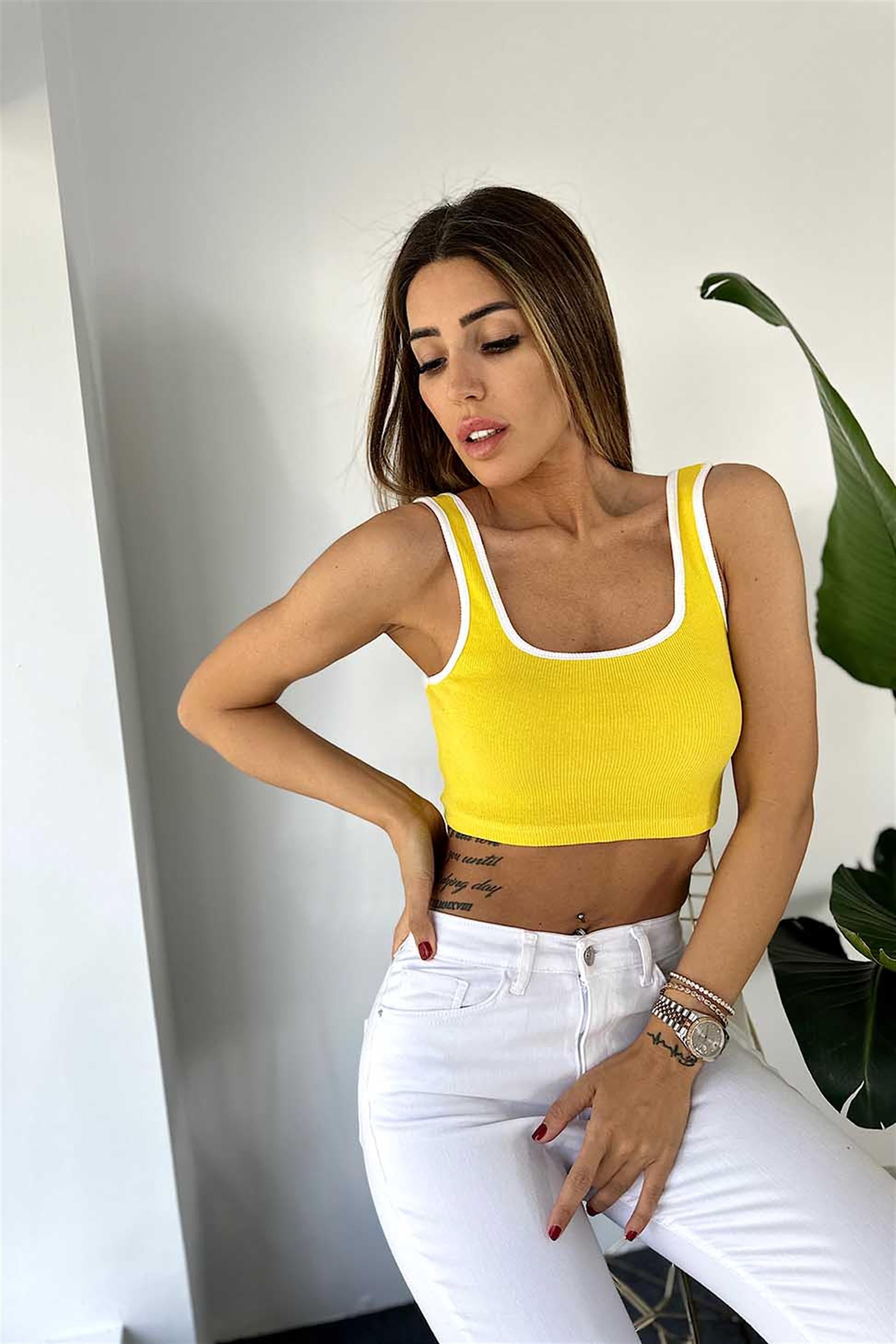 Orjinal Marka Askılı Zıt Renk Fitilli Crop Sarı