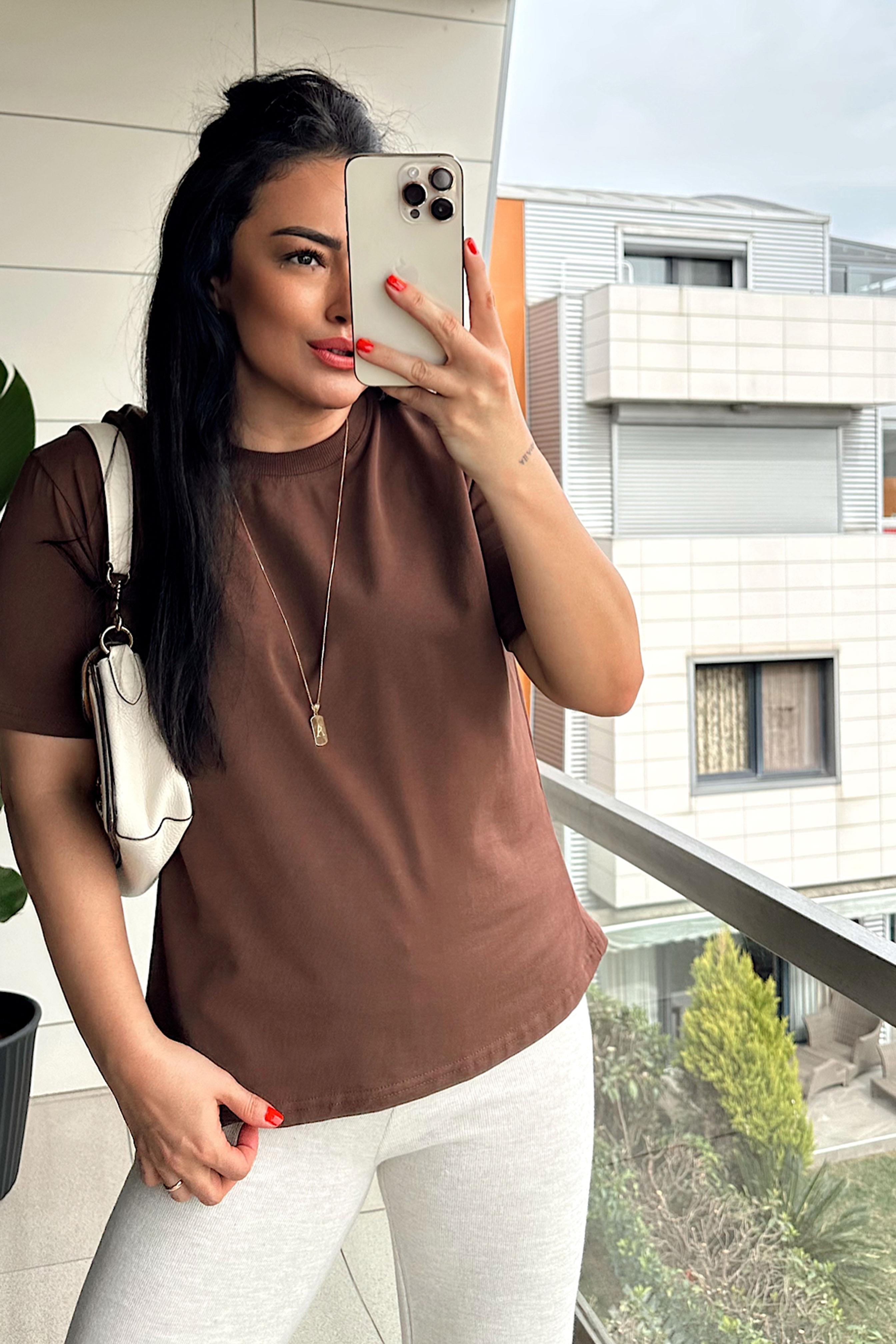 Orjinal Marka Bisiklet Yaka Tok Doku Basic Tişört Acı Kahve