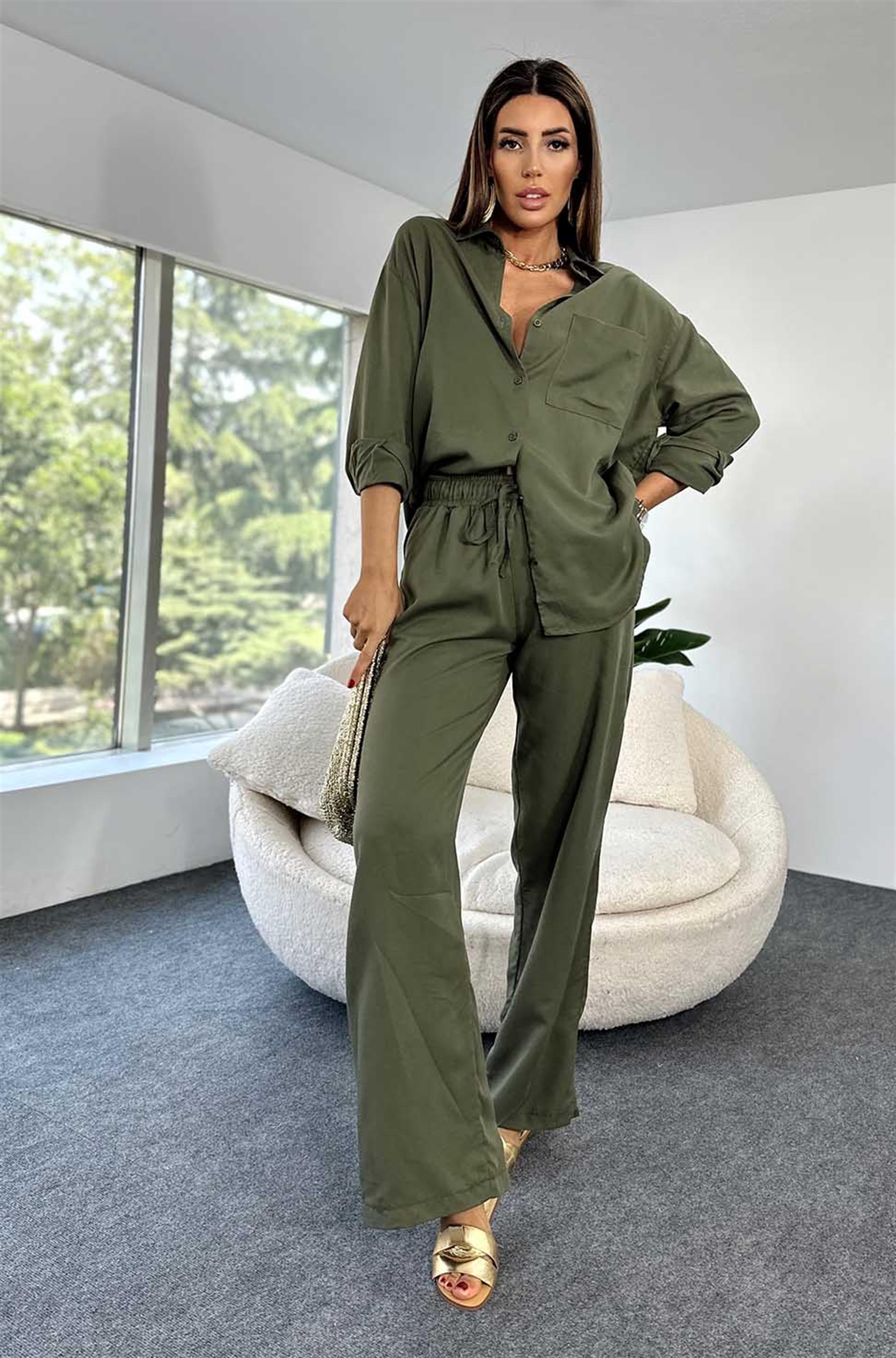 Orjinal Marka Gabardin Kumaş Gömlek Pantolon İkili Kadın Takım Haki