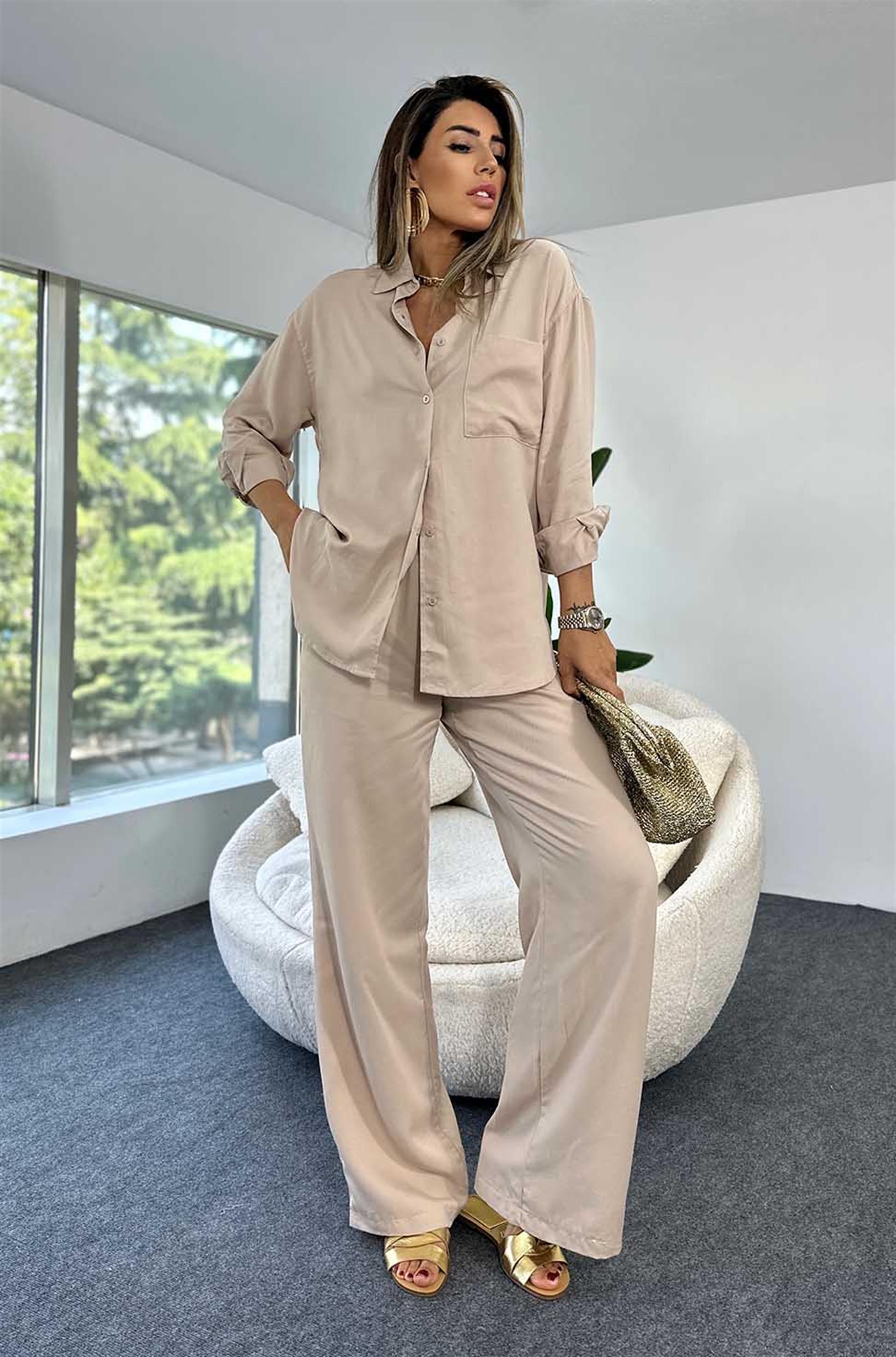 Orjinal Marka Gabardin Kumaş Gömlek Pantolon İkili Kadın Takım Taş