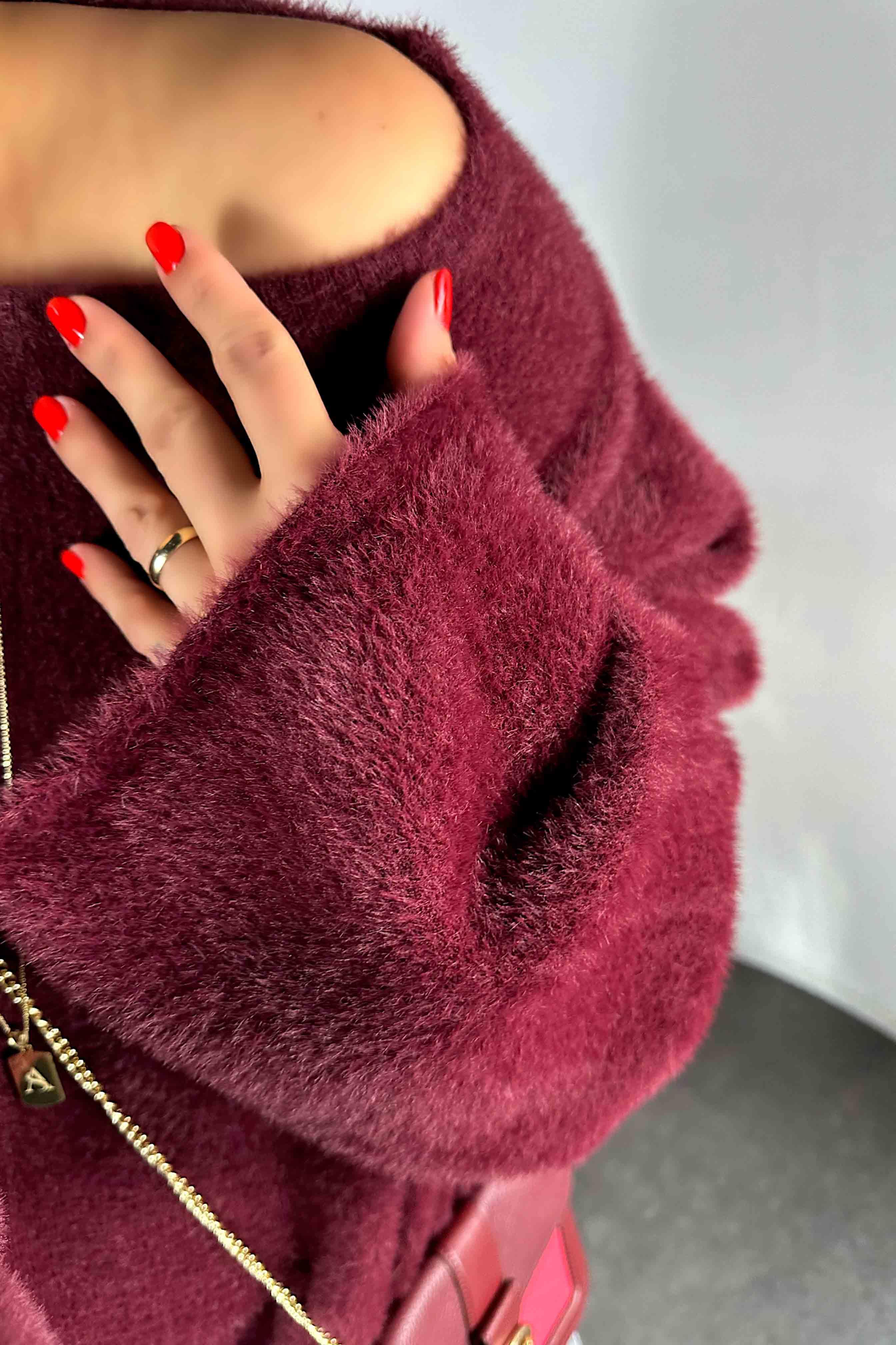 Orjinal Marka Geniş Kol Detay Sakallı Yumoş Kazak Bordo