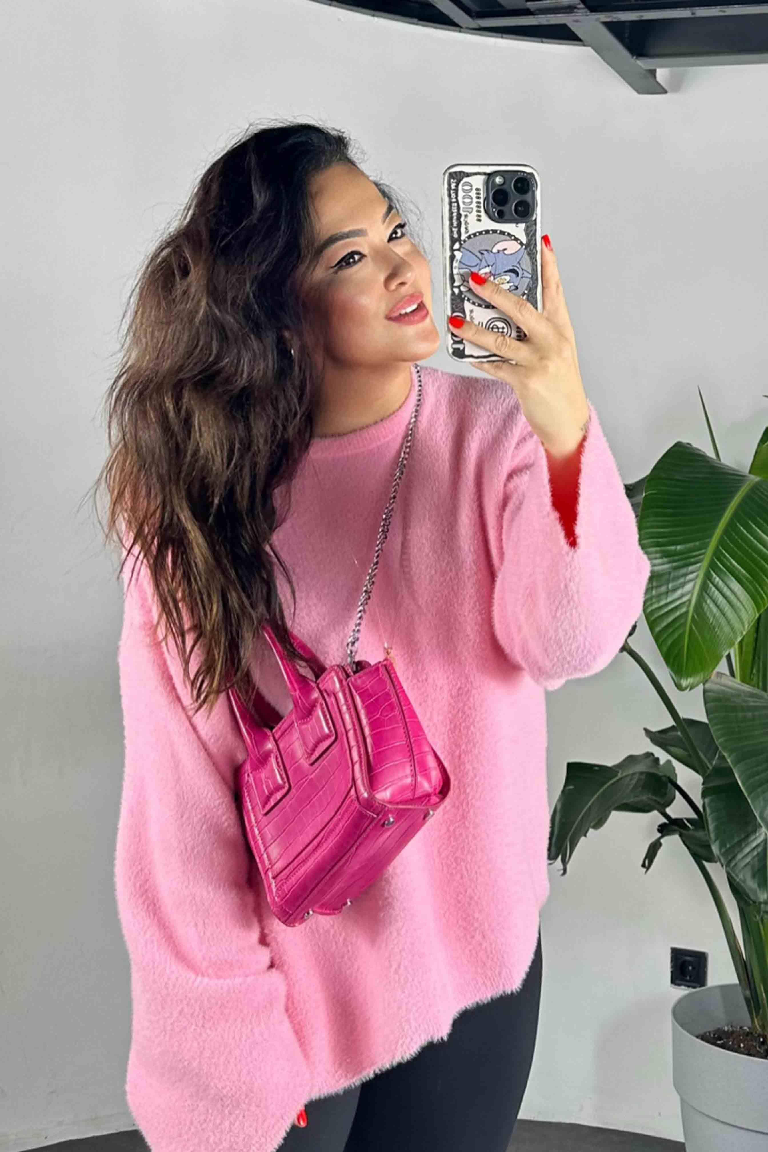 Orjinal Marka Geniş Kol Detay Sakallı Yumoş Kazak Pembe