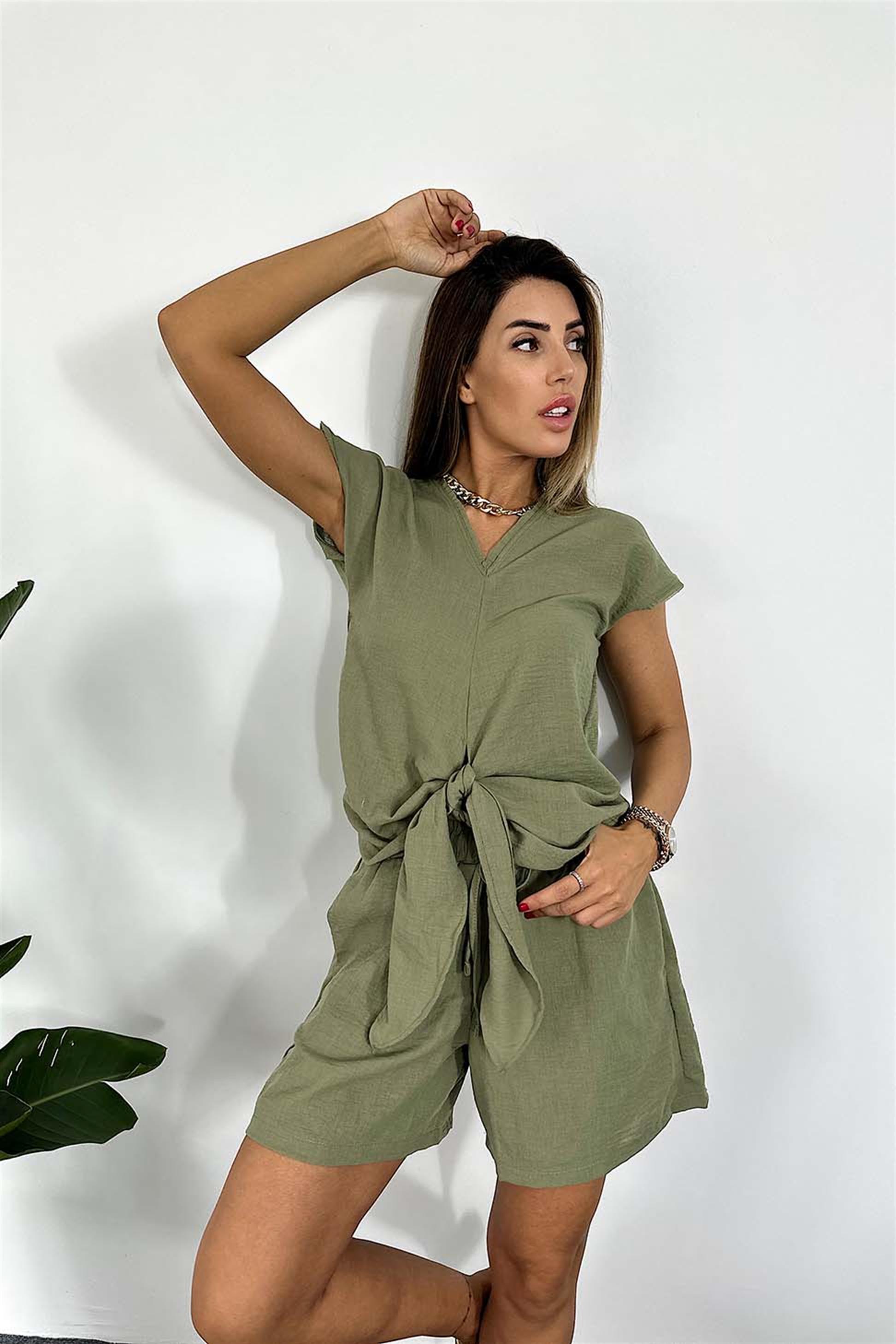 Orjinal Marka Müslin Kumaş V Yaka Bluz Şort İkili Kadın Takım Haki