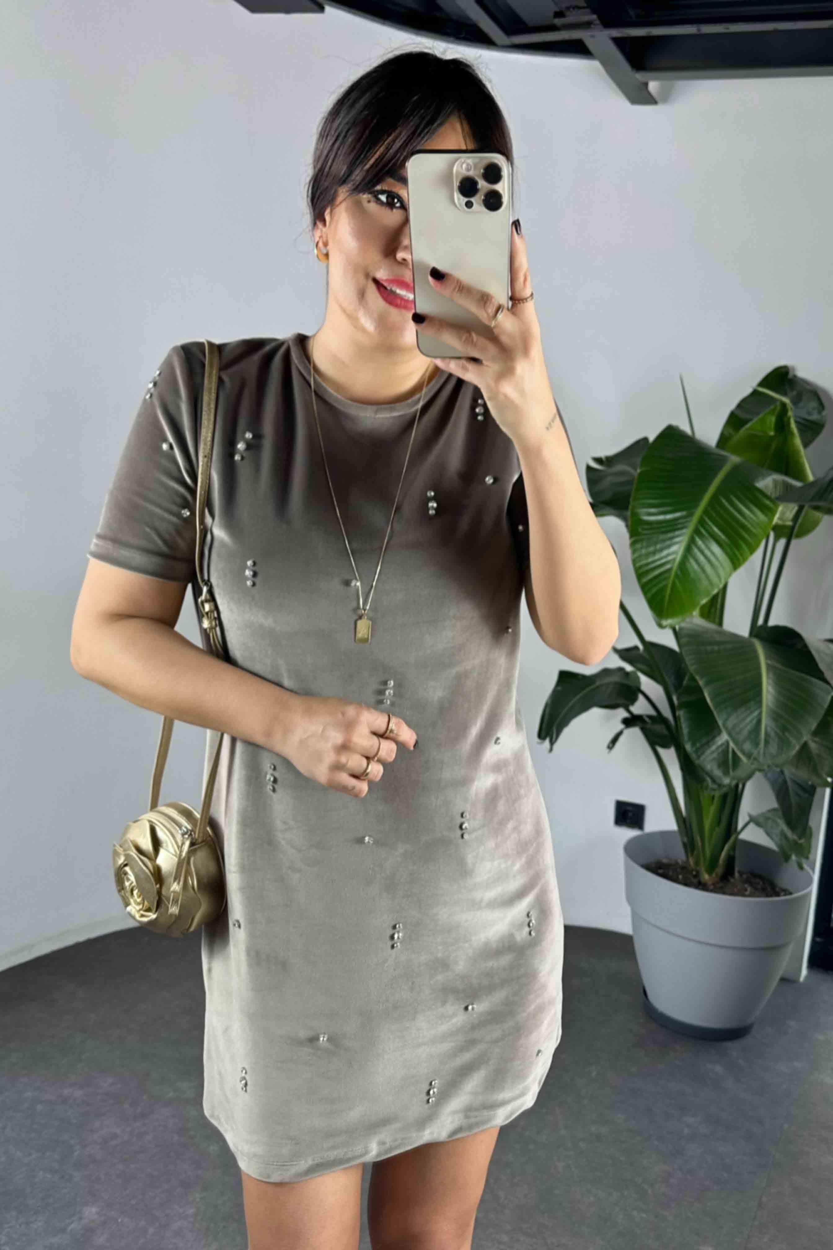 Orjinal Marka Swarovski Taş Detay Kadife Kadın Elbise Vizon