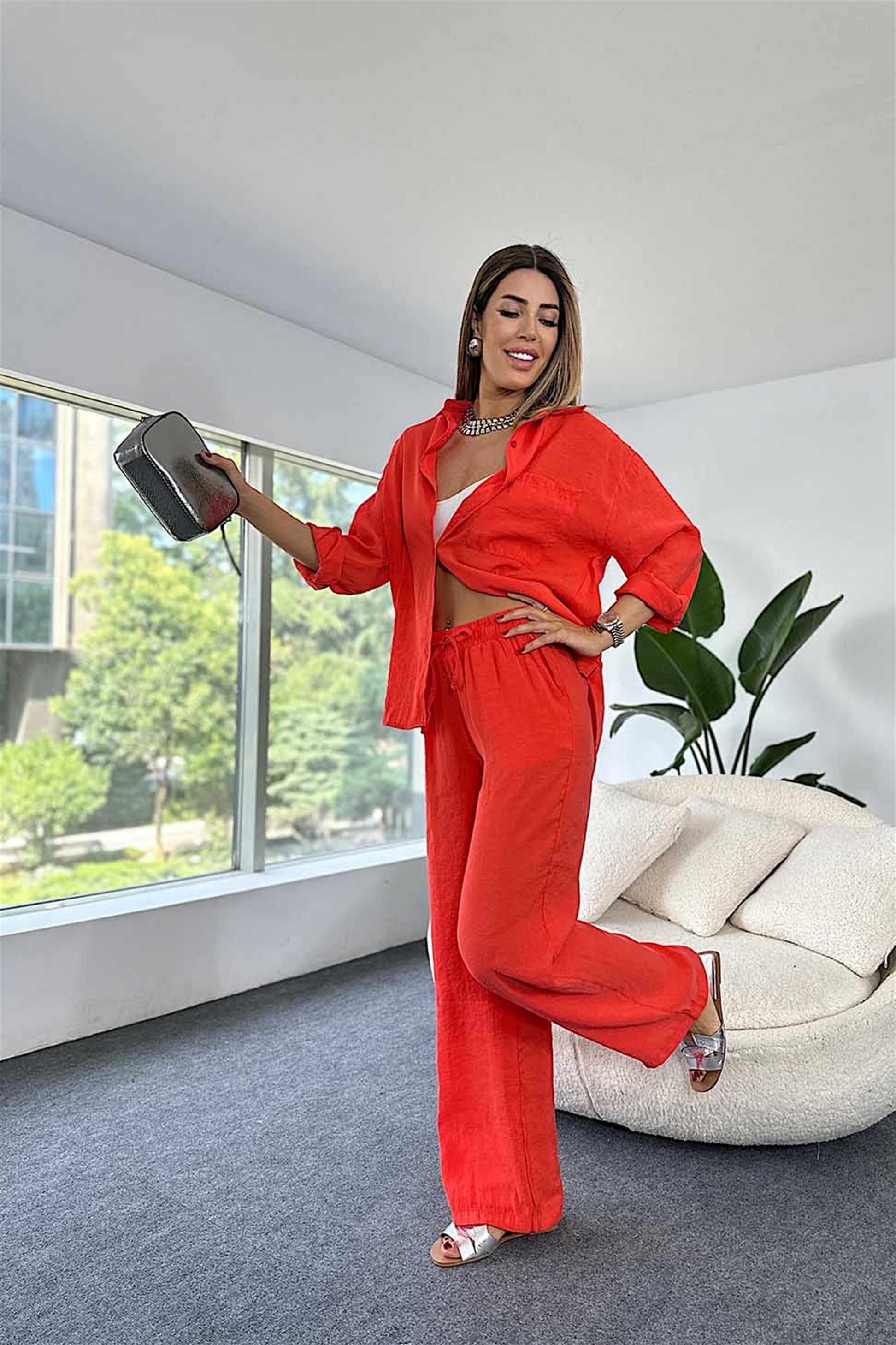 Orjinal Marka Tensel Kumaş Gömlek Pantolon İkili Kadın Takım Nar Çiçeği