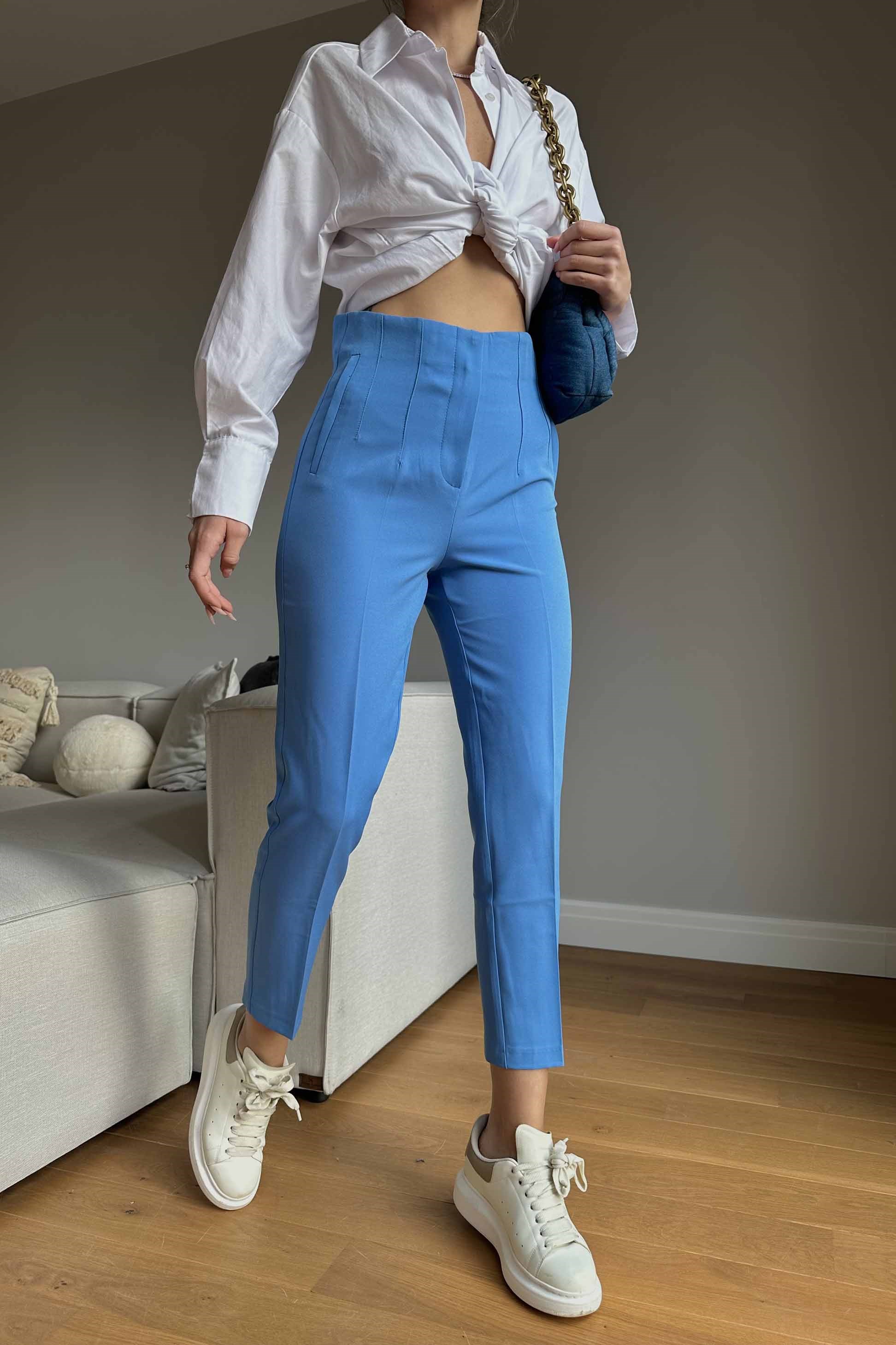 Orjinal Marka Ultra Yüksek Bel Pensli Kumaş Pantolon Mavi