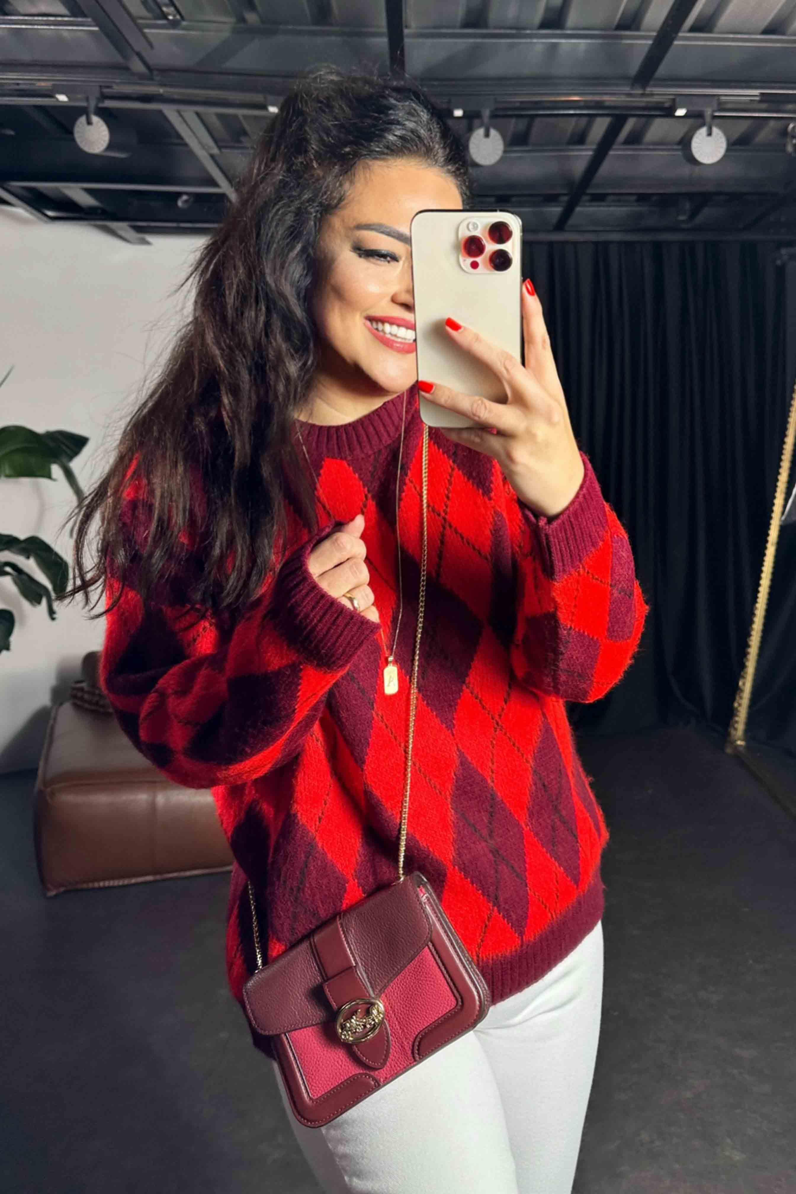 Orjinal Model Baklava Desen Yumoş Triko Kadın Kazak Nar Çiçeği