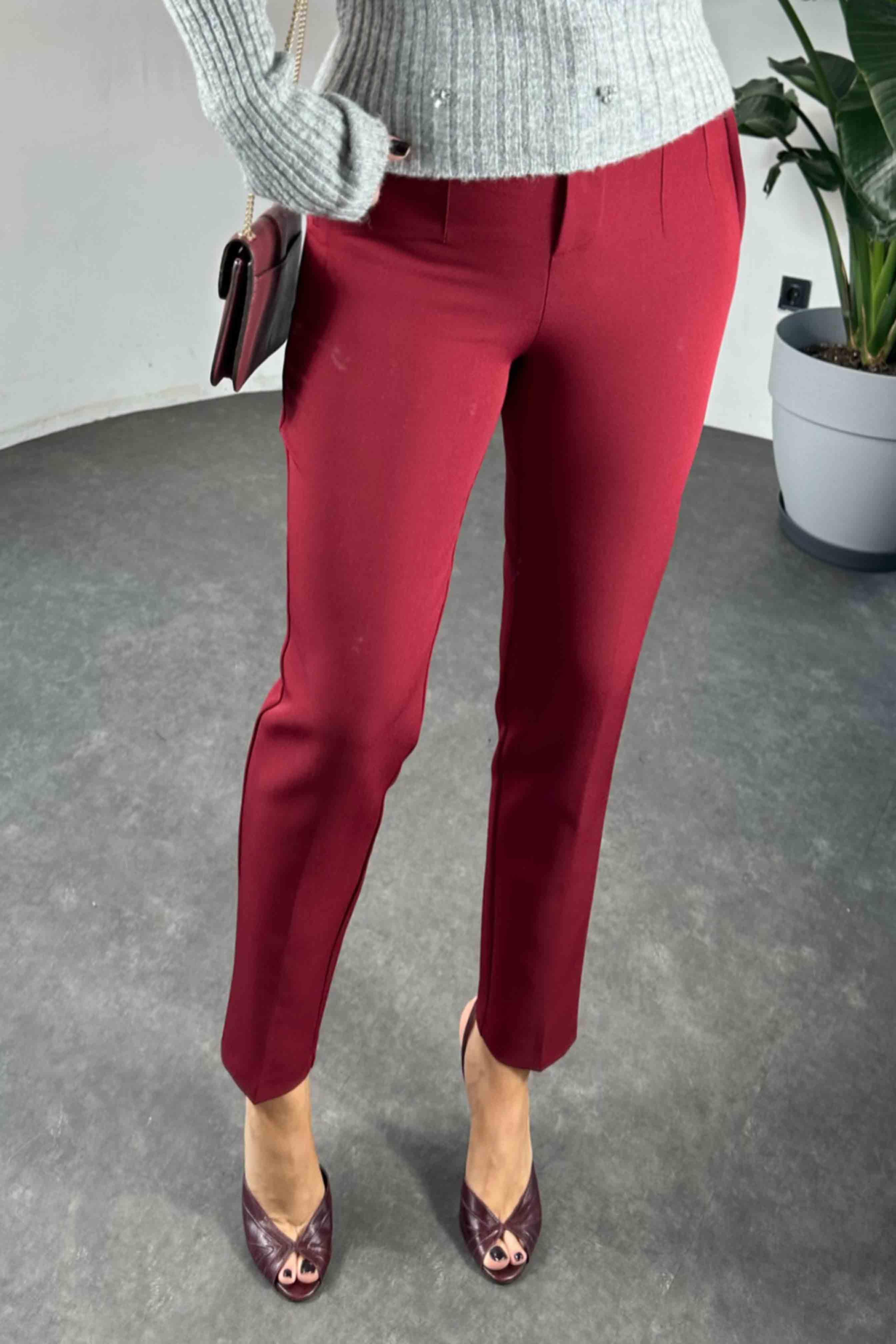 Orjinal Model Yüksek Bel Pensli Kumaş Pantolon Bordo