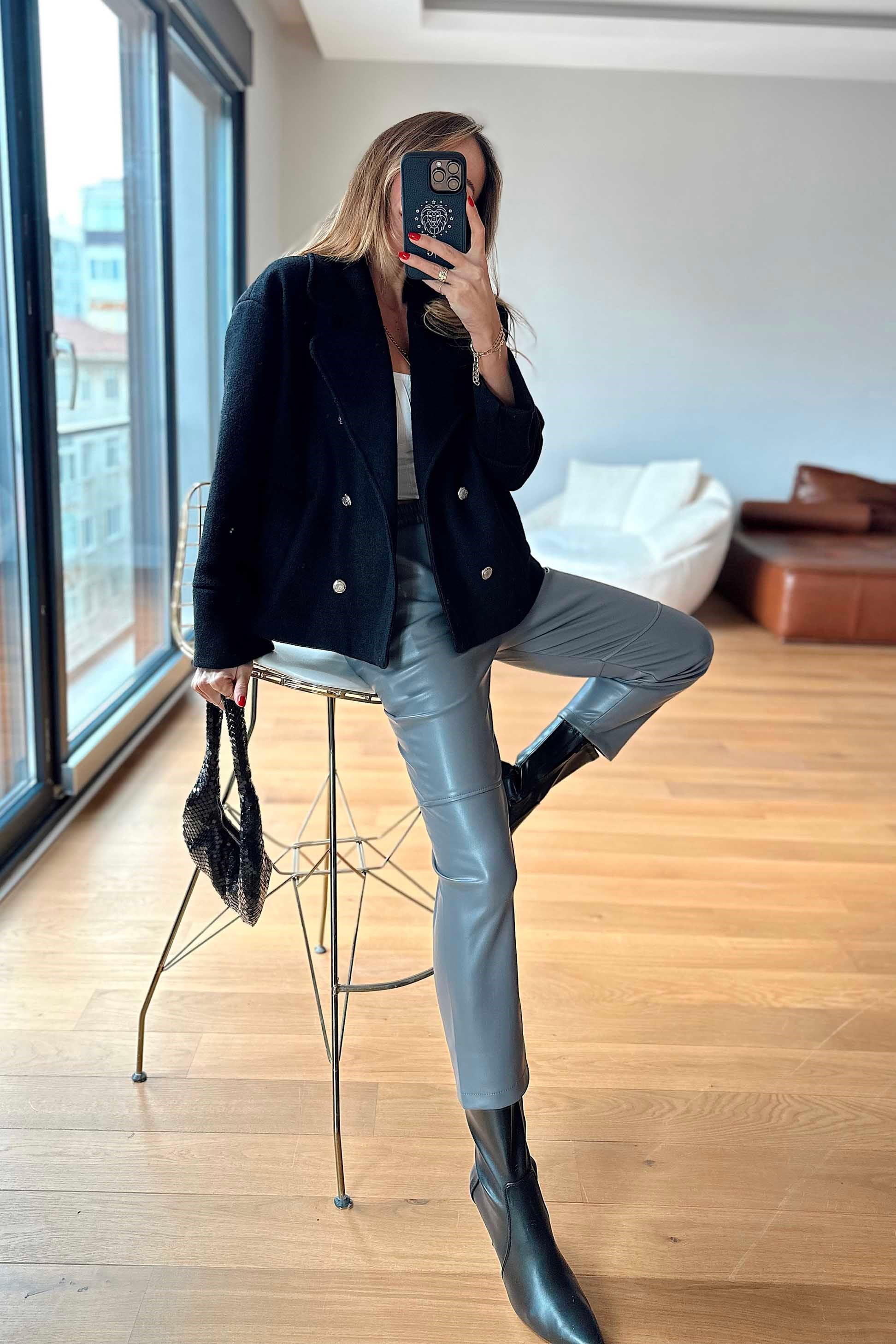 Orjinal Tasarım Keçe Kısa Kadın Ceket Siyah