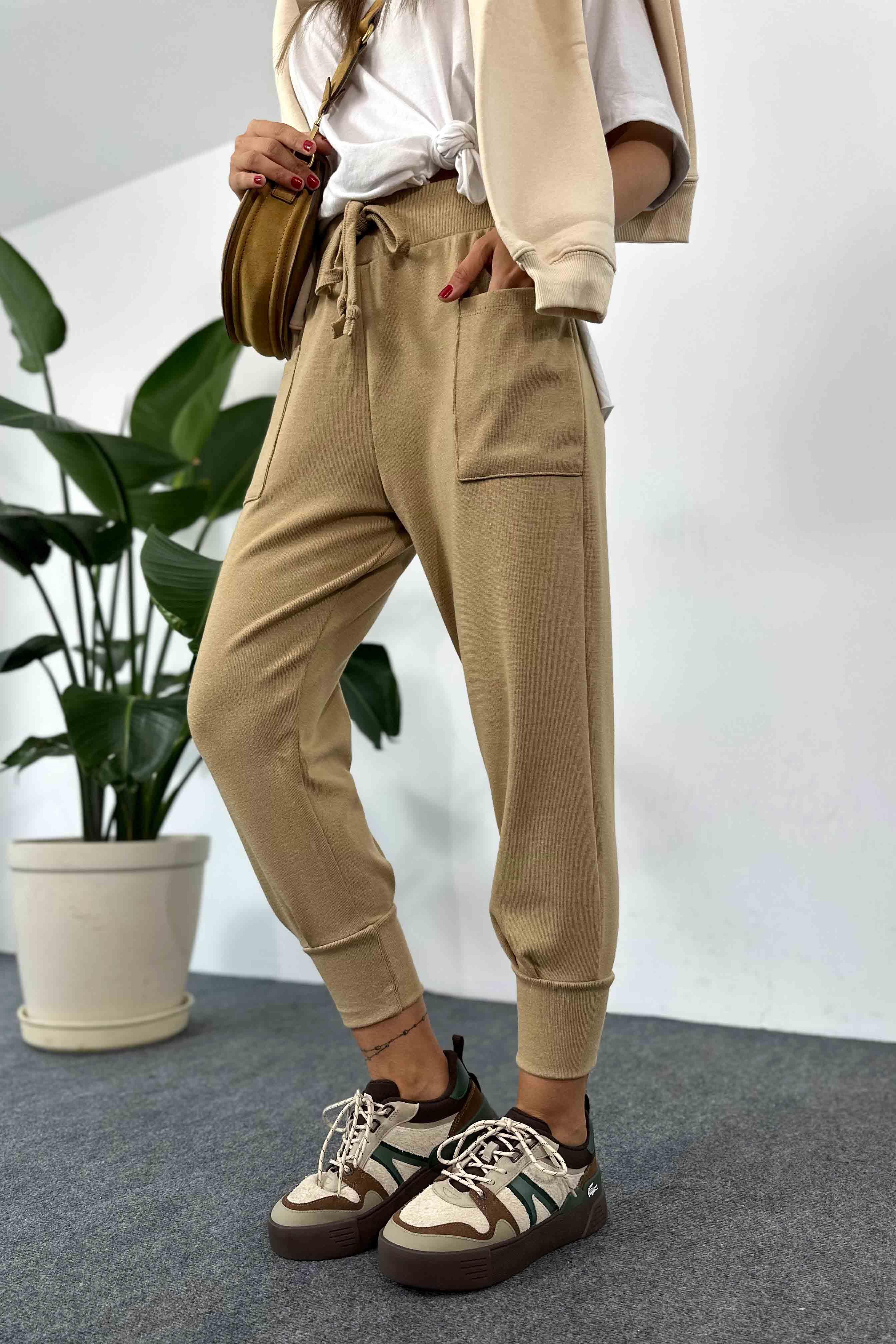 Örme Cep Detay Triko Pantolon Bej