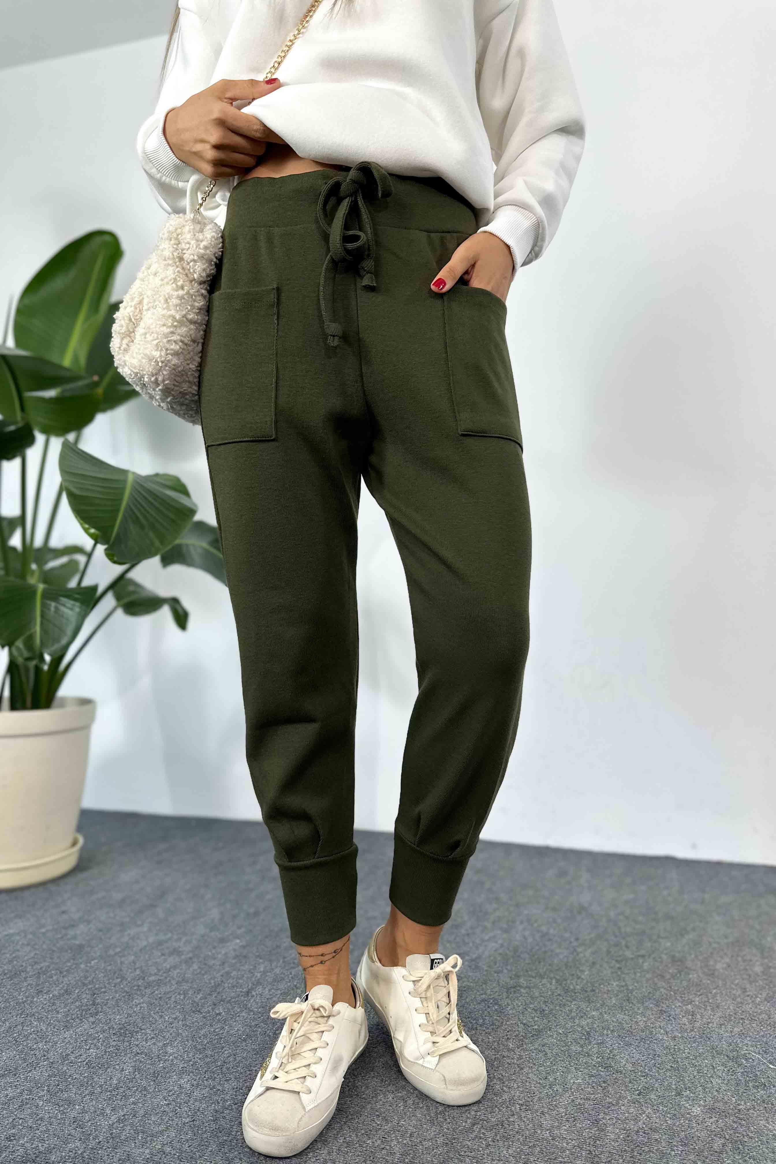 Örme Cep Detay Triko Pantolon Haki