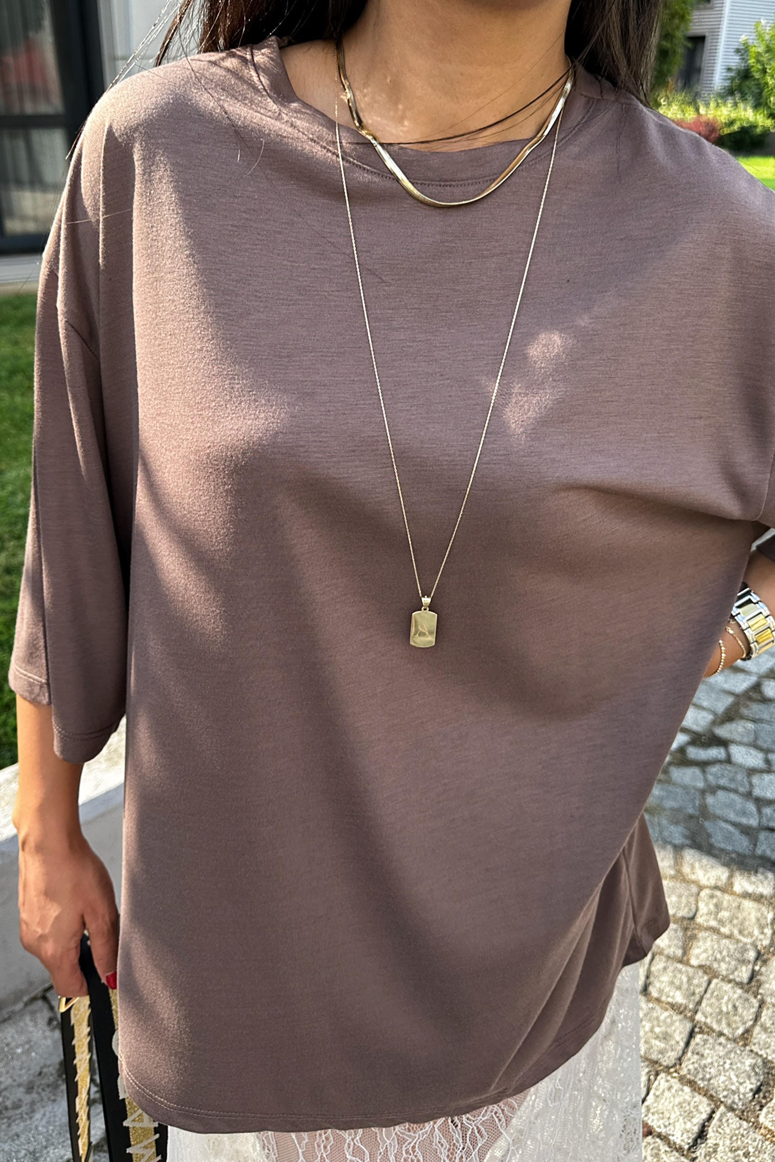 Oversize Basic Tişört Kahverengi
