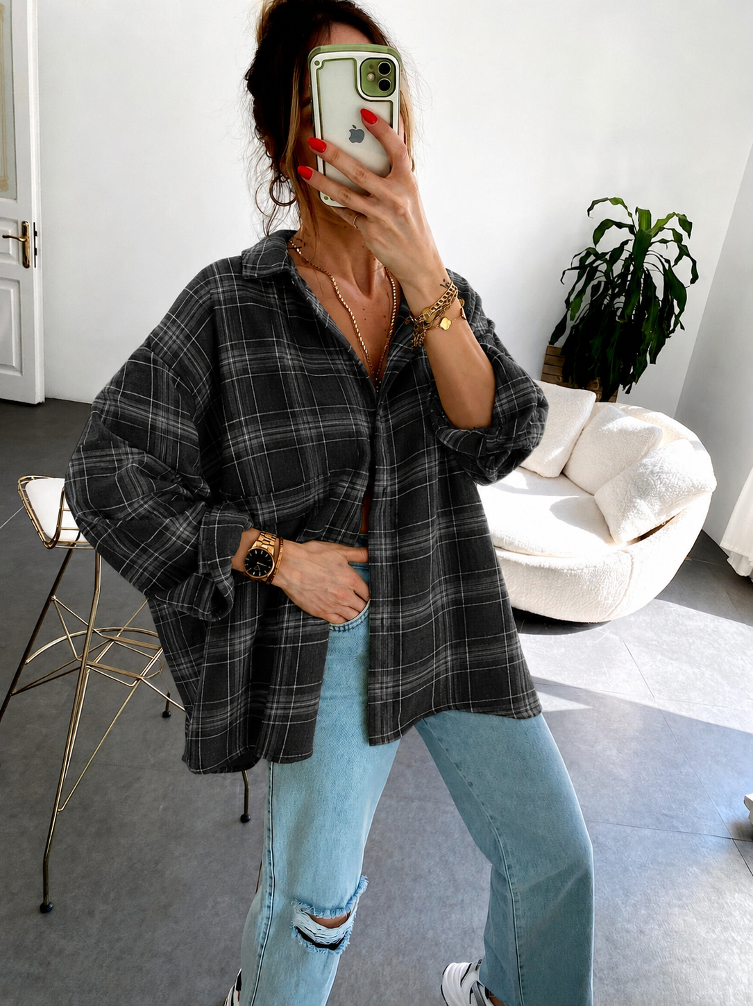 Oversize Ekose Gömlek Füme