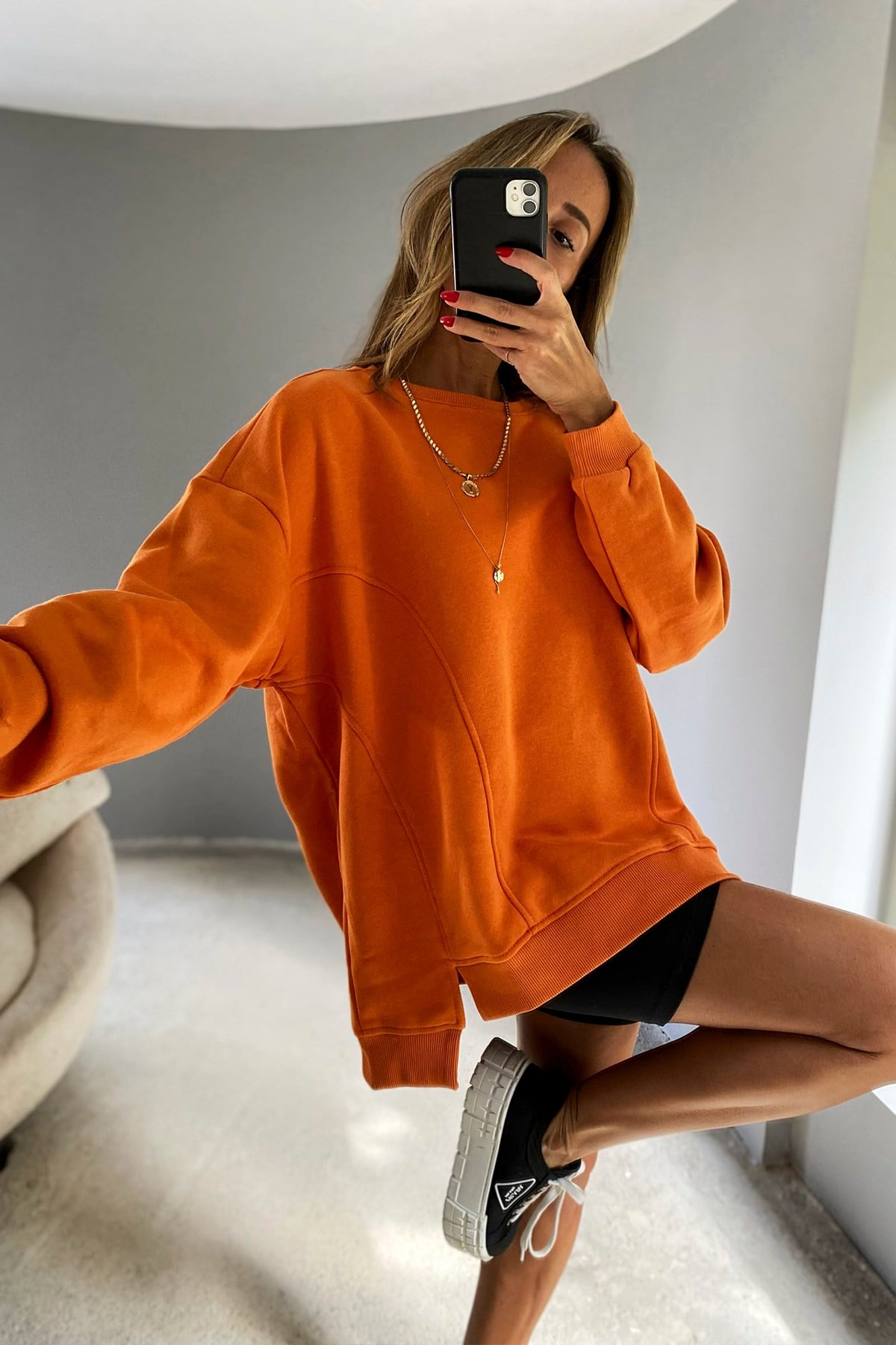 Oversize Tasarım Dikiş Detaylı Kadın Sweat Turuncu