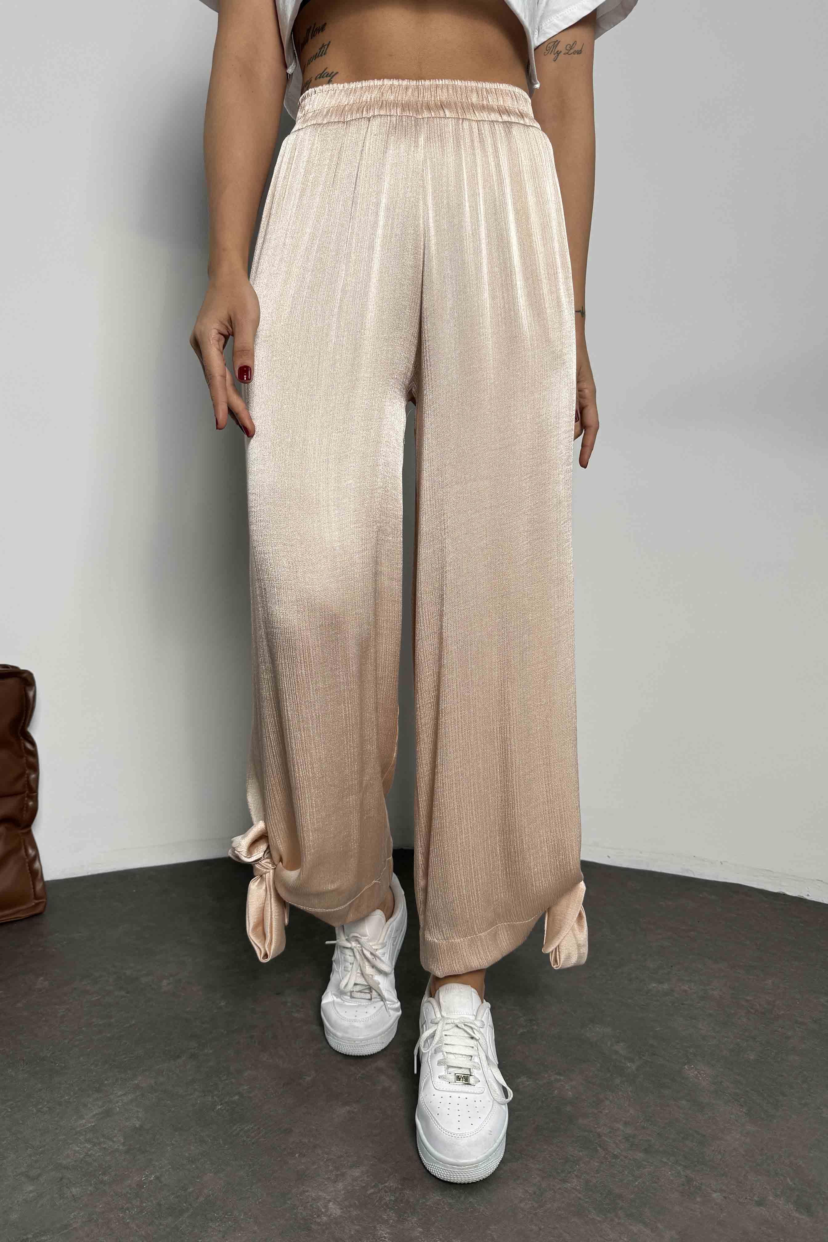 Paçası Bağlamalı Kadın Pantolon Bej