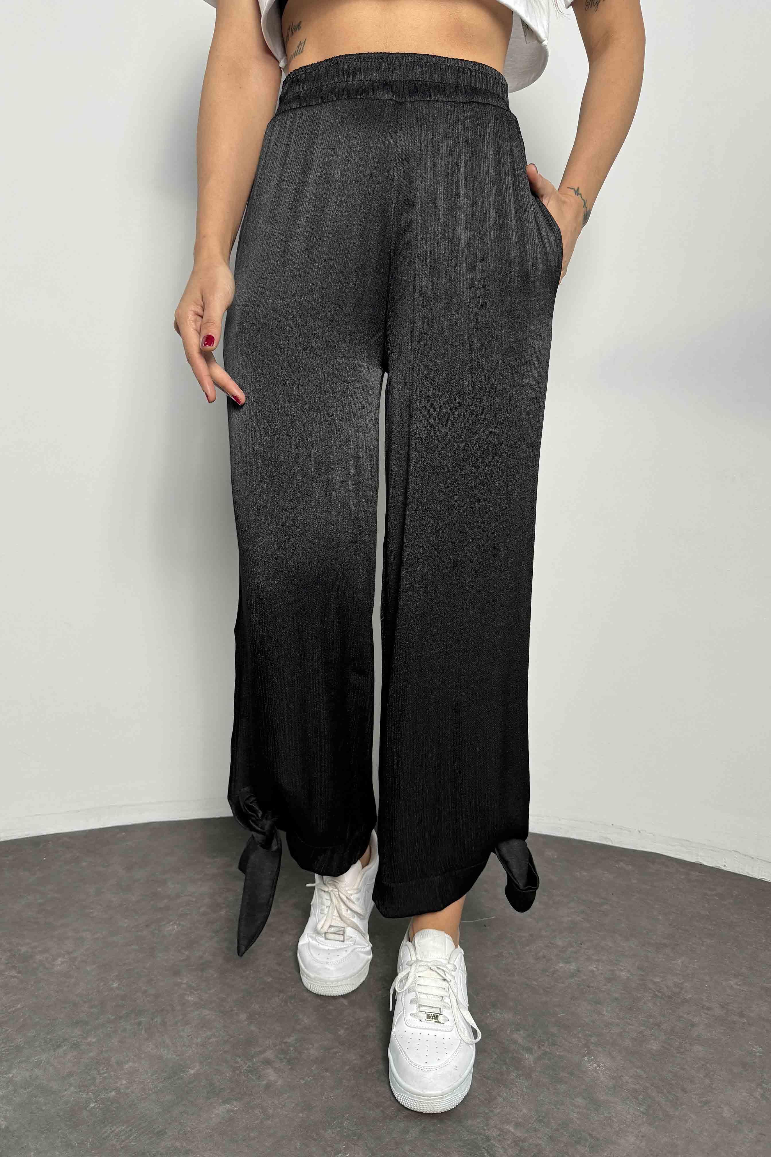 Paçası Bağlamalı Kadın Pantolon Siyah