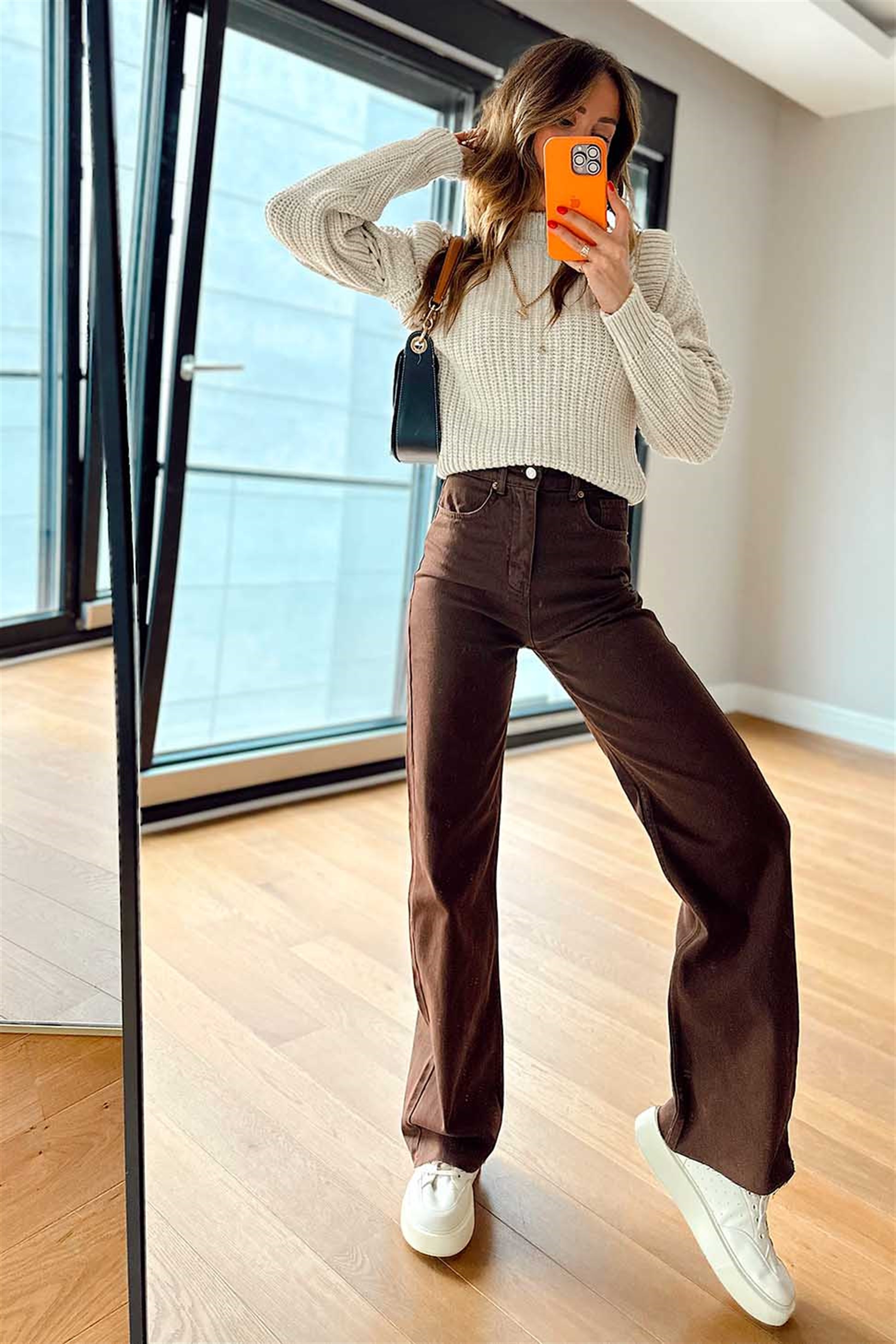Paçası Kesik Bol Paça Salaş Pantalon Kahve