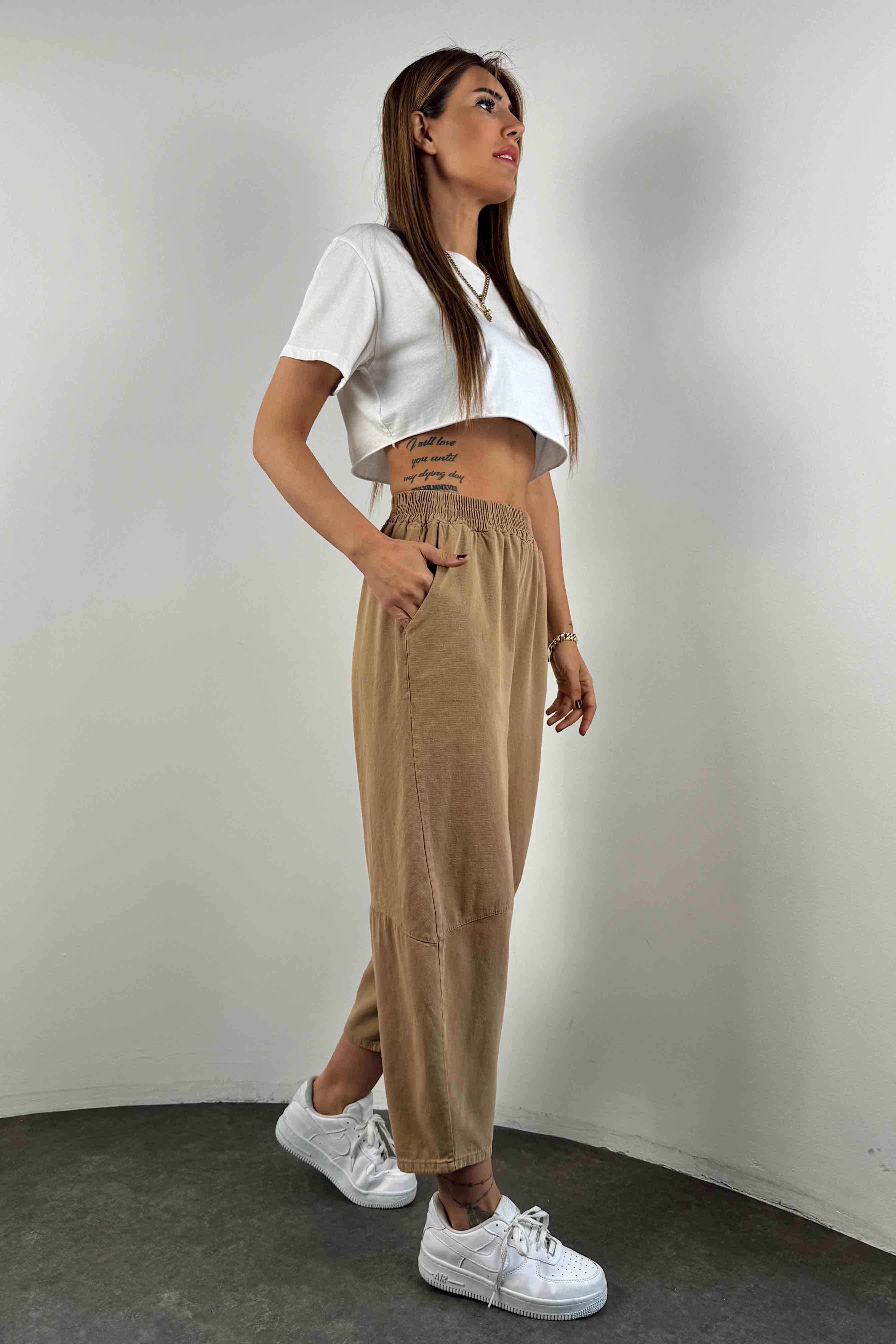 Pamuklu Gabardin Kumaş Dizi Dikiş Detay Şalvar Pantolon Camel