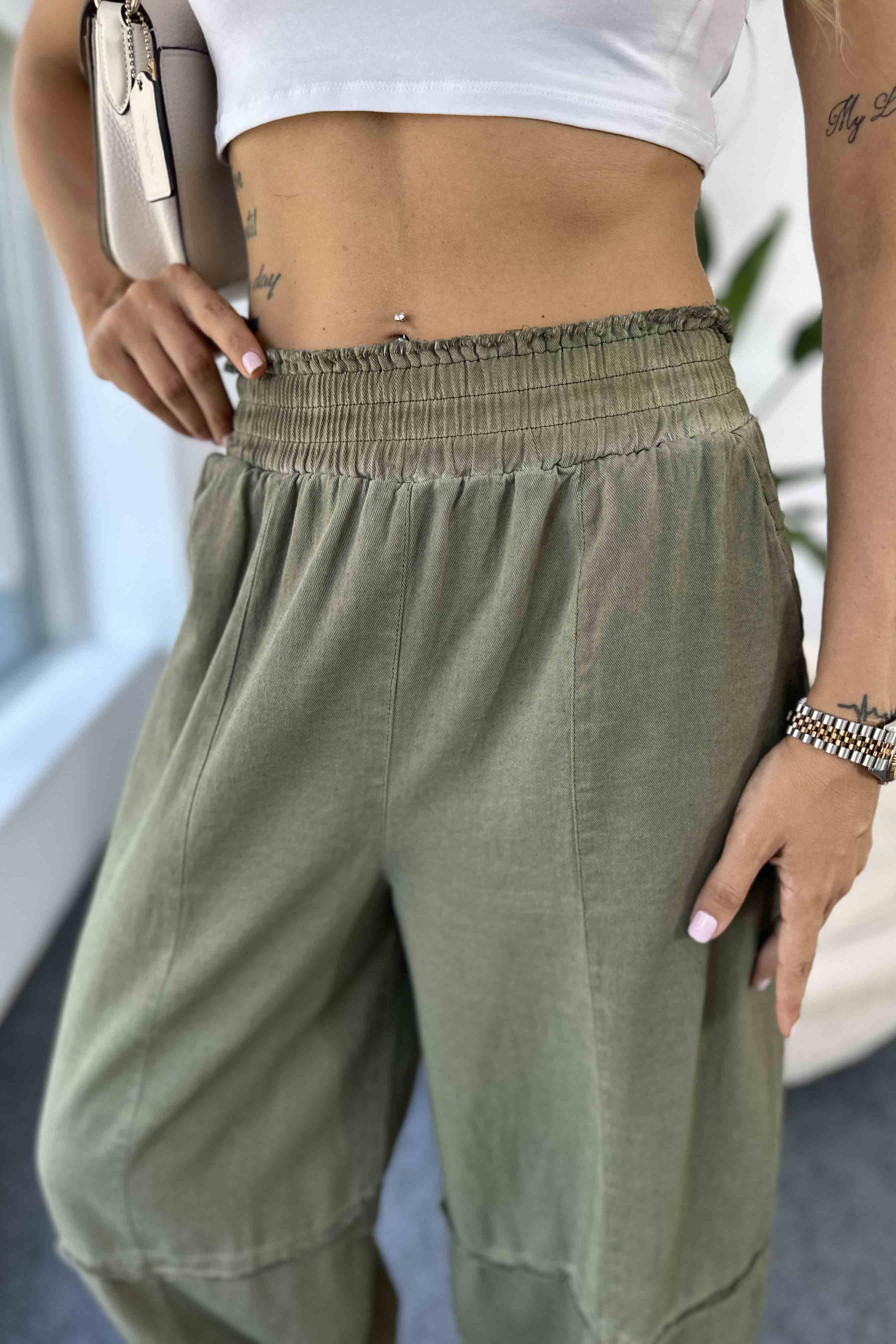 Pamuklu İnce Denim Kumaş Salaş Şalvar Pantolon Haki · 6