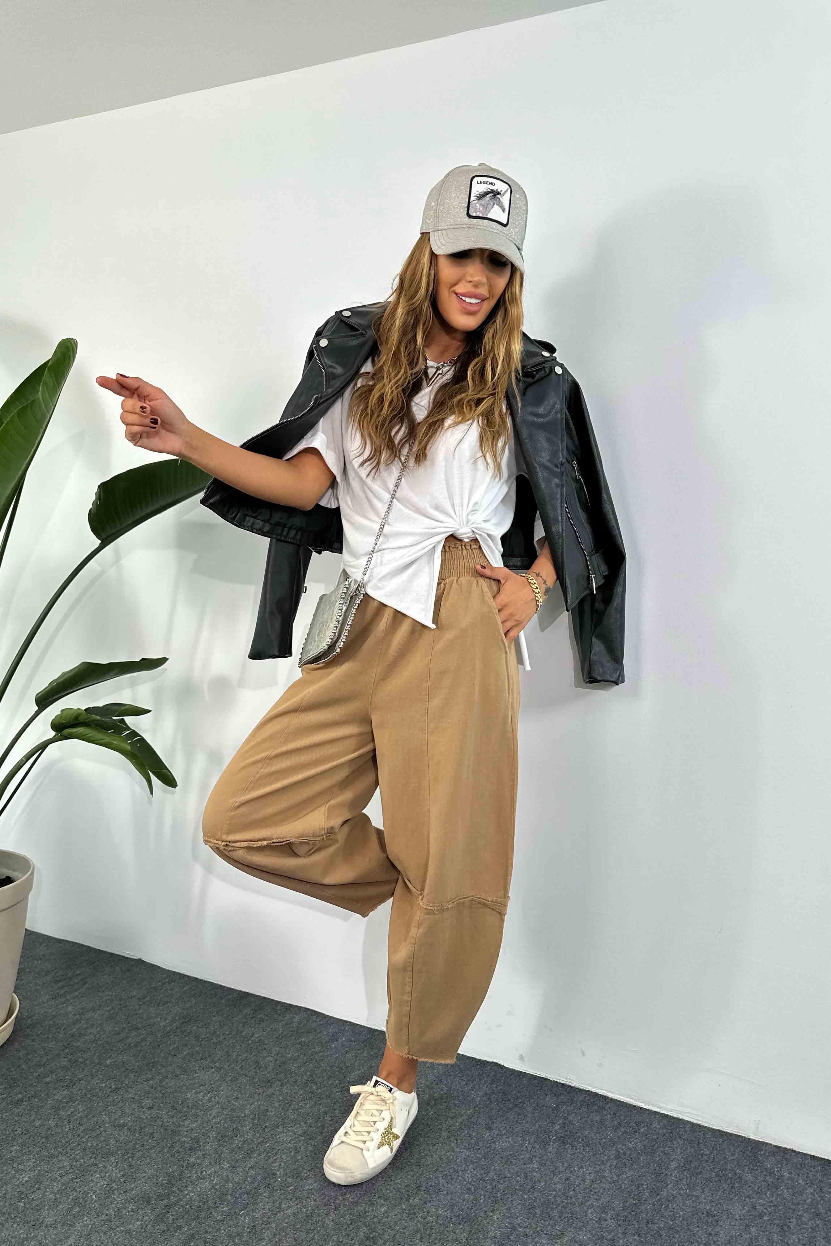 Pamuklu İnce Denim Kumaş Salaş Şalvar Pantolon Camel · 4