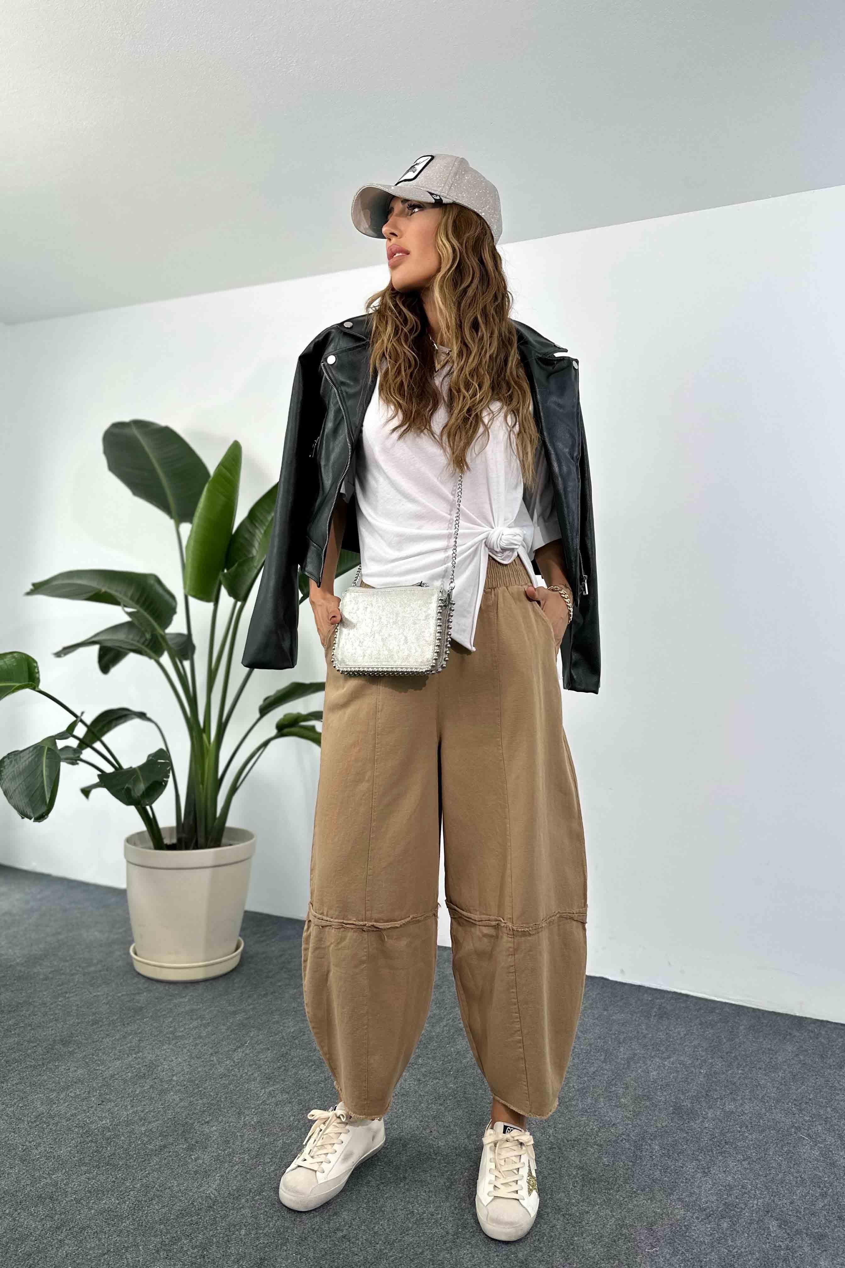 Pamuklu İnce Denim Kumaş Salaş Şalvar Pantolon Camel