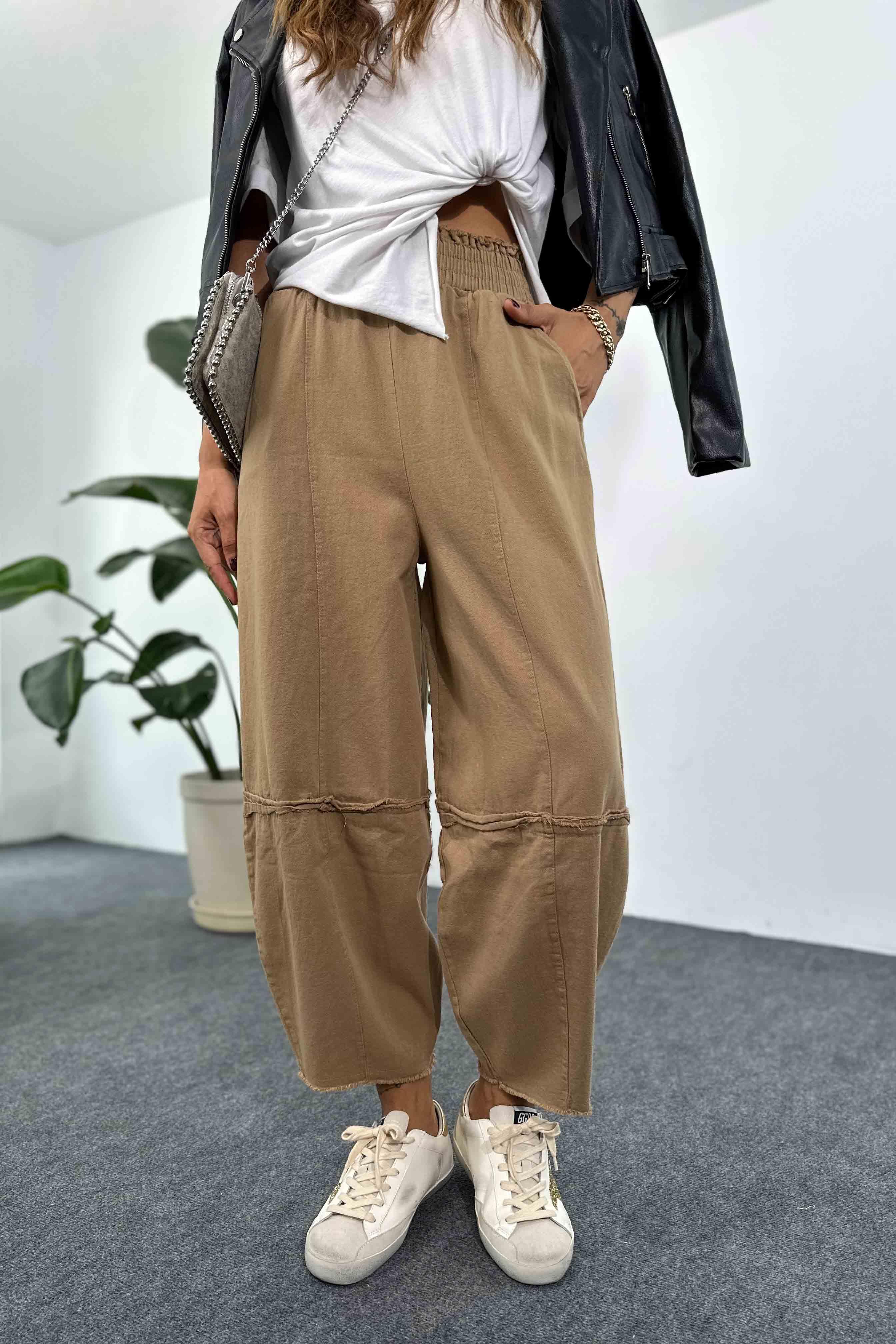 Pamuklu İnce Denim Kumaş Salaş Şalvar Pantolon Camel · 2