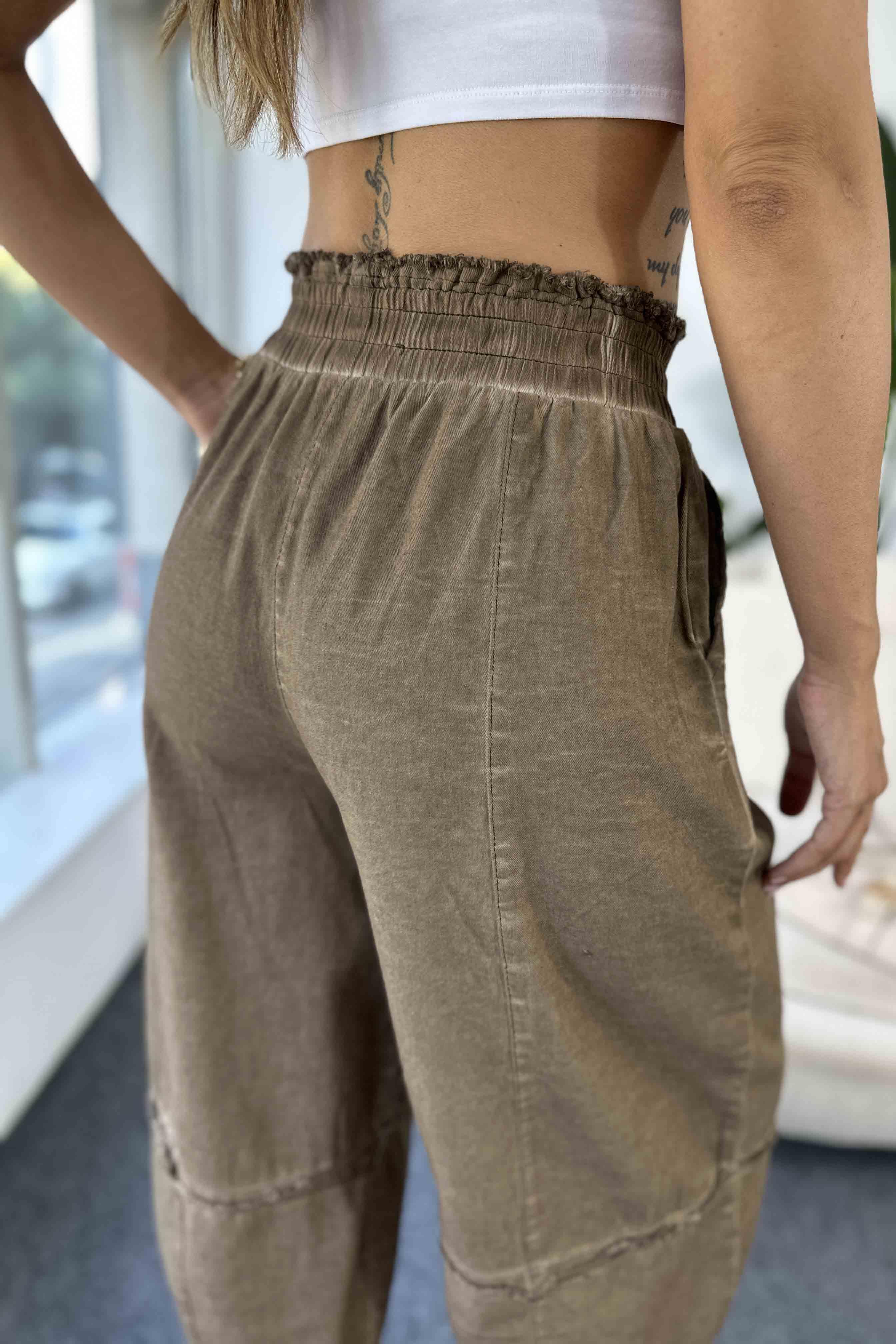 Pamuklu İnce Denim Kumaş Salaş Şalvar Pantolon Acı Kahve · 3